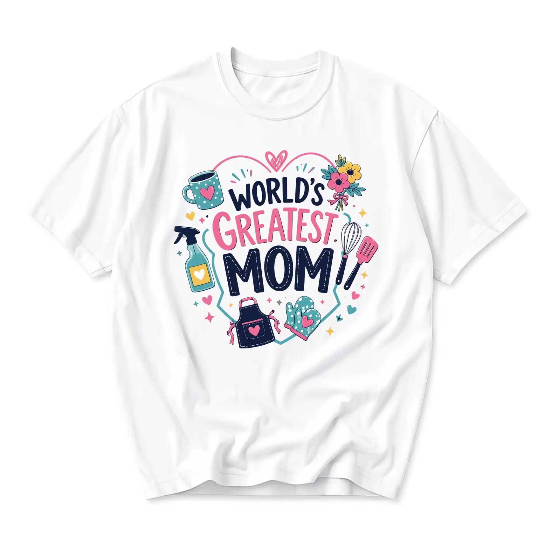 Graphic Tee World's Greatest Mom T-Shirt for Casual Everyday Wear Featuring Decorative Kitchen Household Icons