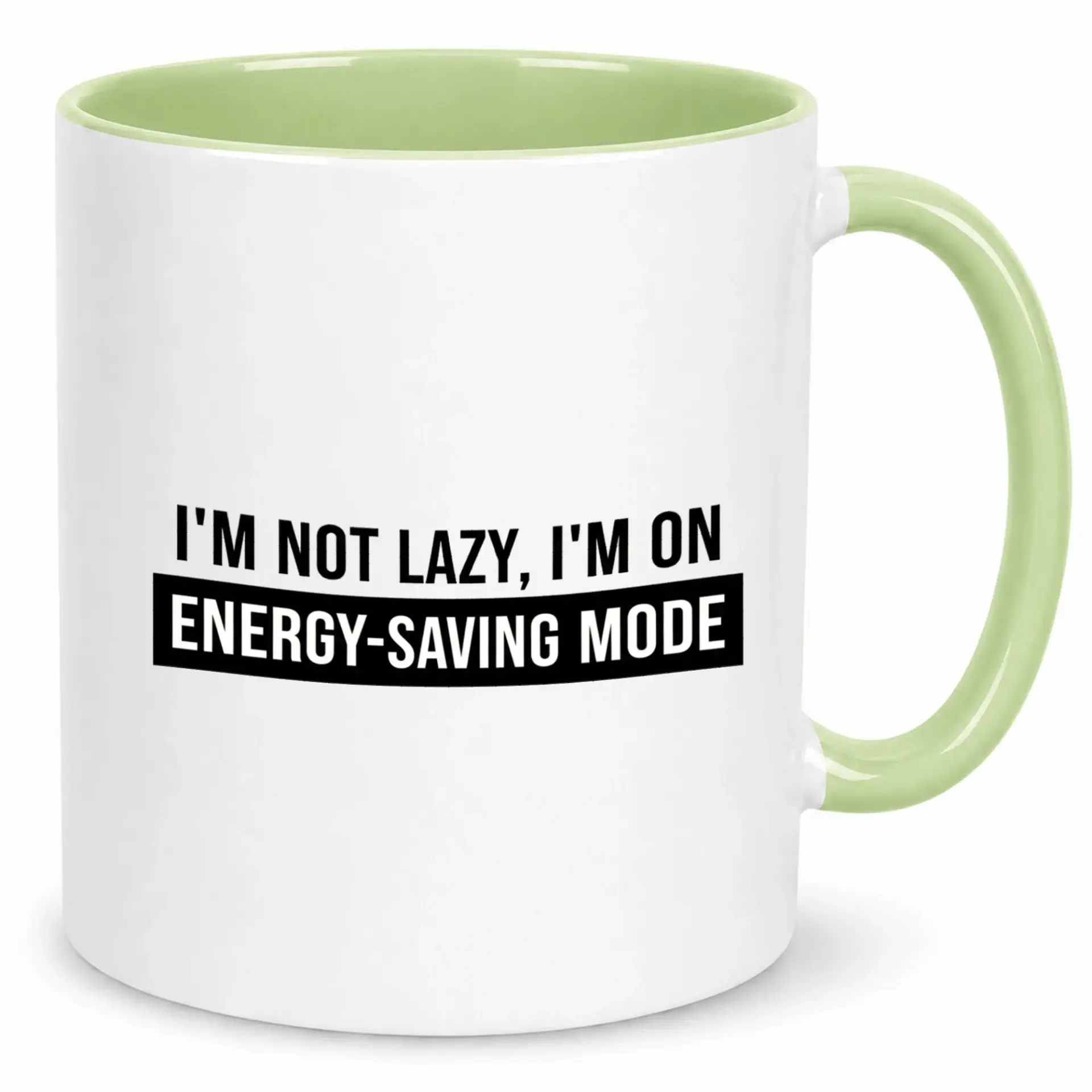 Funny Energy-Saving Coffee Mug Humorous Ceramic Drinkware with Light Green Handle and Interior Unique Gift Idea for Coworkers Friends