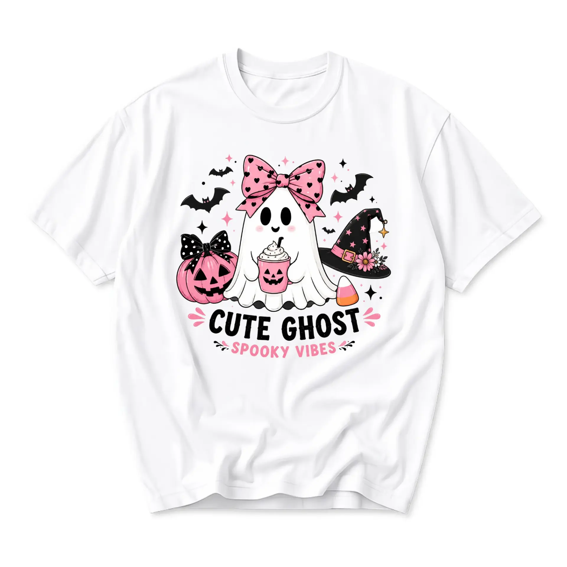 Cute Ghost Spooky Vibes Graphic Tee Unisex Crew Neck Casual Everyday Holiday Humor Cotton Blend Soft Print Shirt