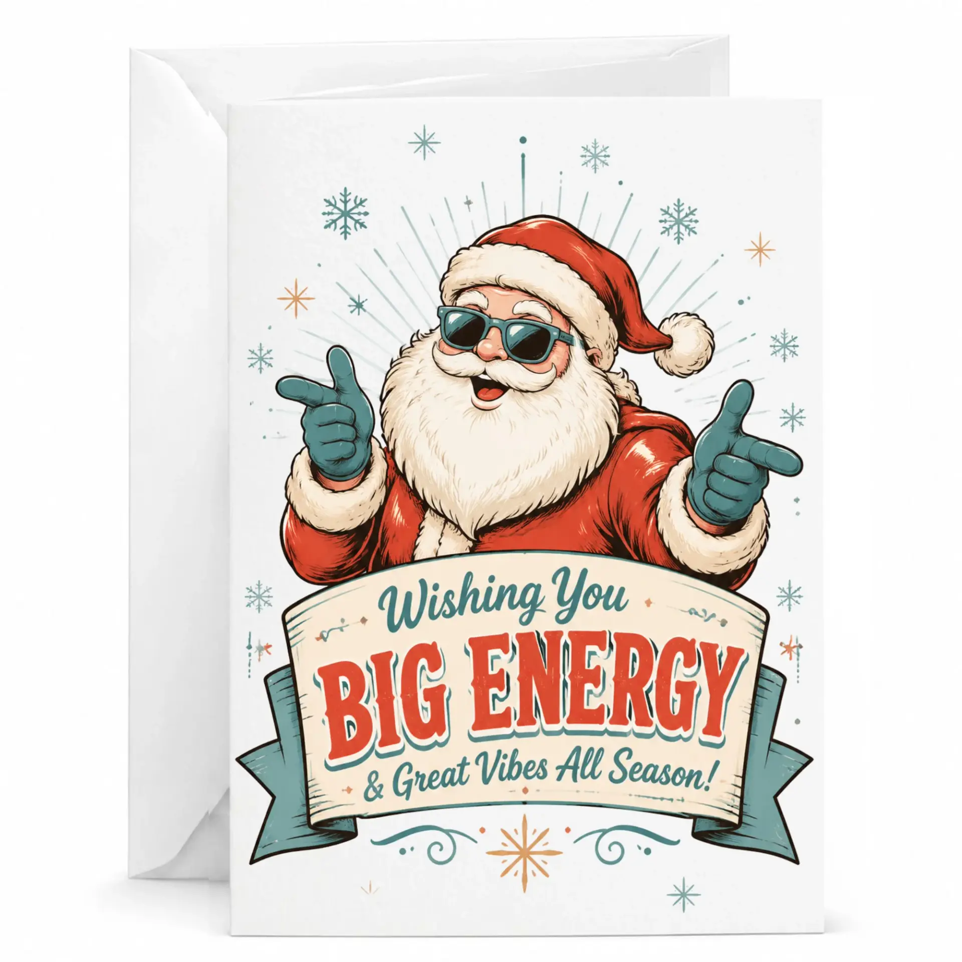 Funny Christmas Greeting Card Featuring Cool Santa Claus with Sunglasses Wishing Big Energy and Great Vibes All Season