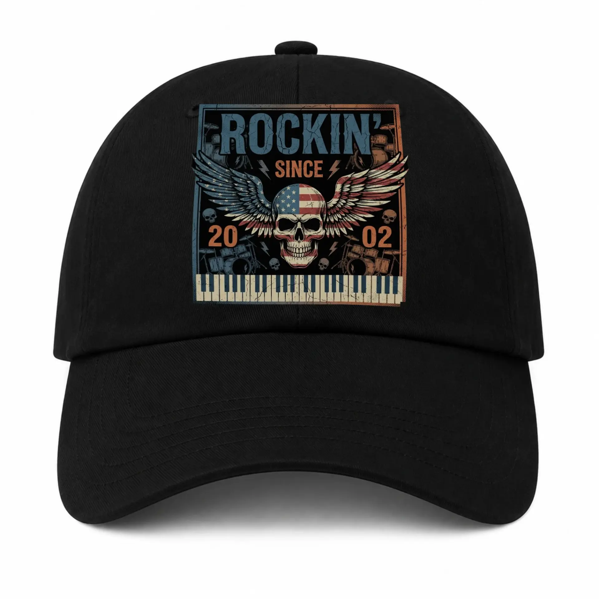 Baseball Cap Featuring Rockin Since 2002 Patriotic Skull Wing Graphic