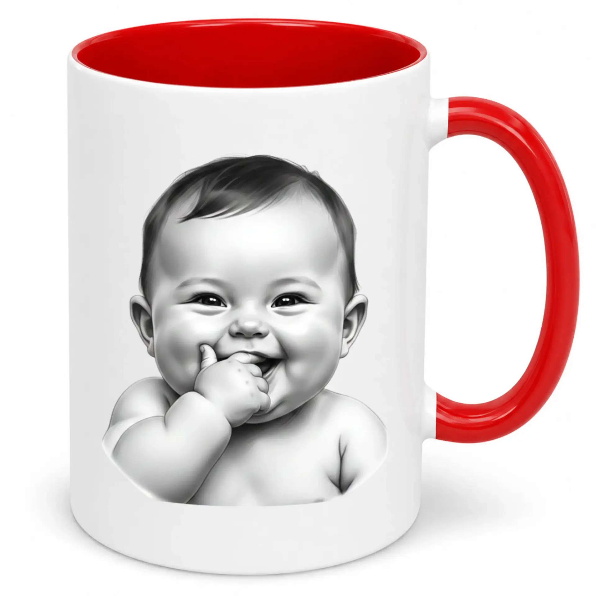 Cute Baby Smiling Ceramic Coffee Mug with Red Handle and Interior 11 Oz or 15 Oz Premium Drinkware for Home Office