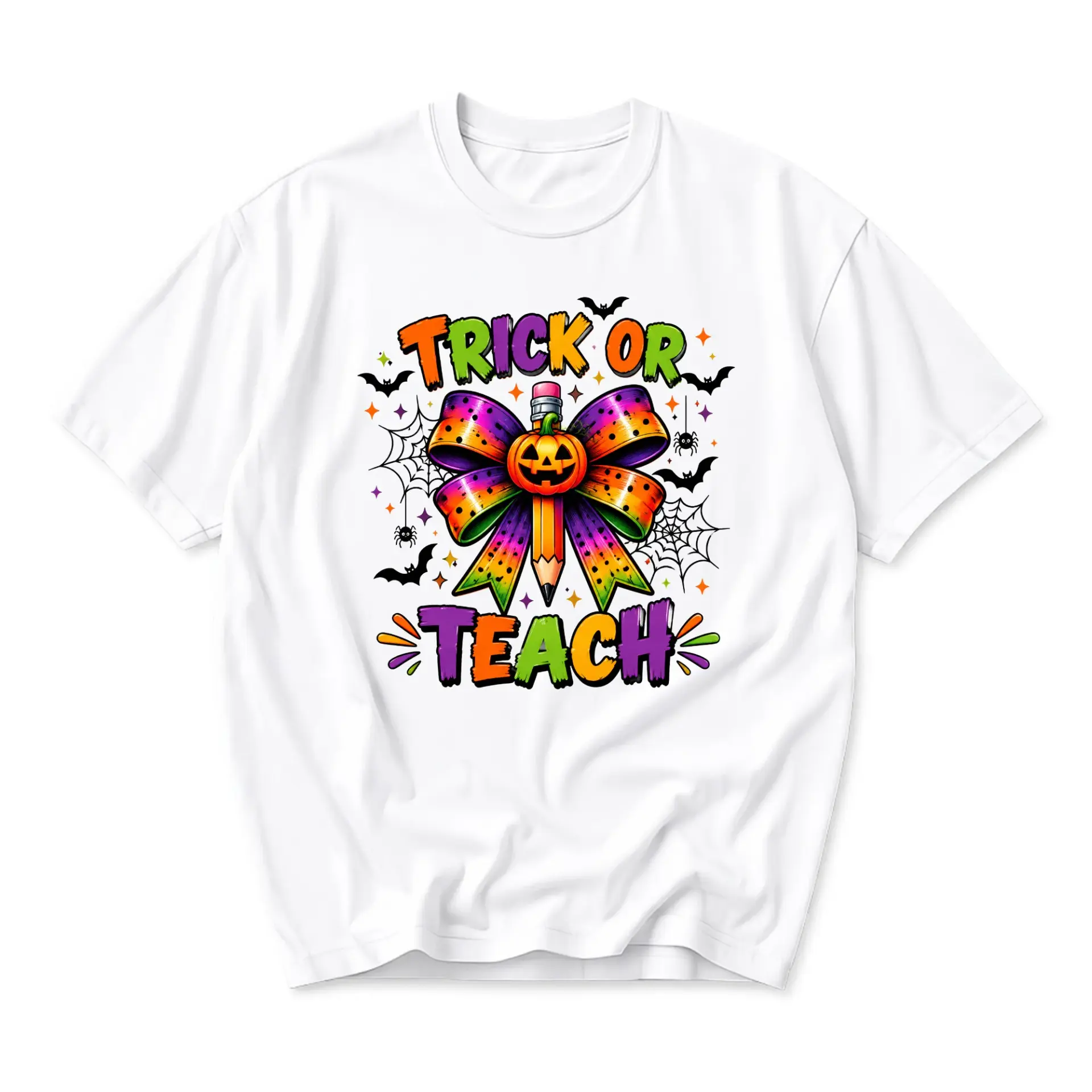 Graphic Tee Trick or Teach Halloween School Pencil Pumpkin Unisex Crew Neck Short Sleeve Soft Casual Cotton Shirt