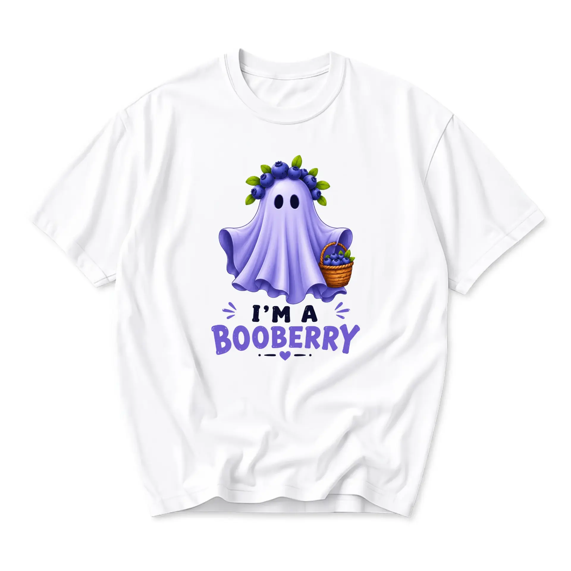 Funny Shirt I'm a Booberry Graphic Tee Cute Ghost Wearing Blueberry Crown Unisex Crew Neck Casual Cotton Blend T-Shirt