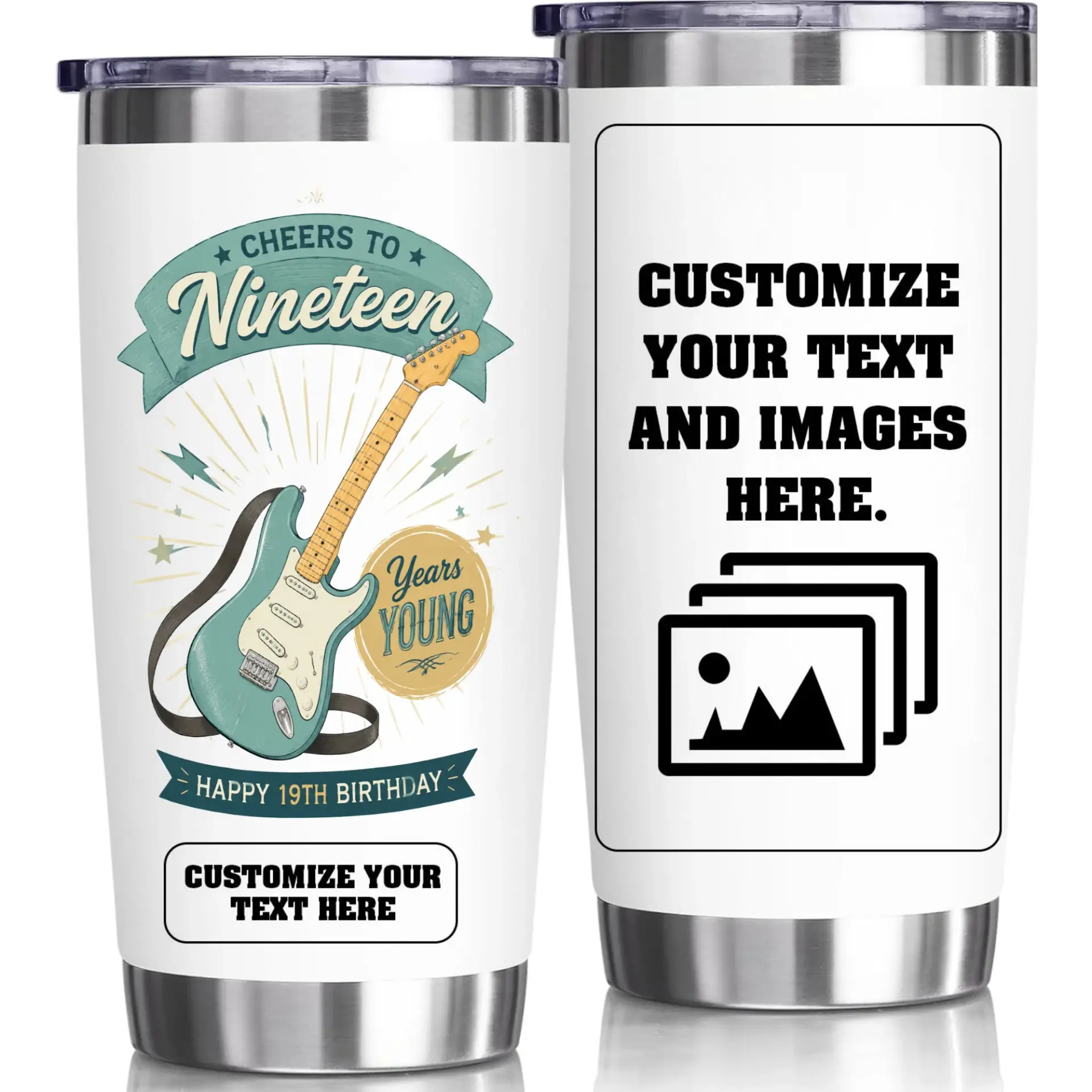Stainless Steel Tumbler 20oz Guitar Birthday Theme Insulated Travel Cup with Customizable Graphic Design for Beverage