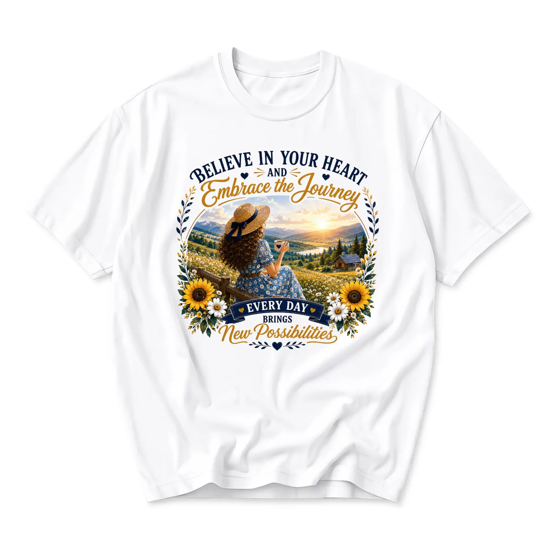 T-shirt Believe in Your Heart Embrace the Journey Graphic Tee Inspirational Nature Scene Print Everyday Casual Top