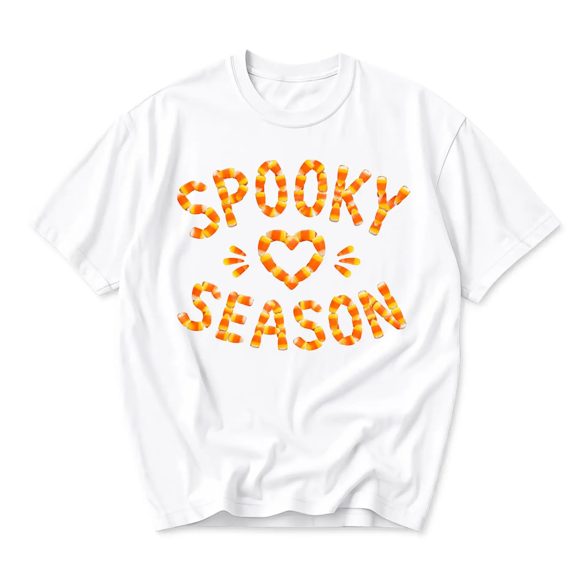 Graphic Tee Spooky Season Candy Corn Art Print Unisex Crew Neck Shirt for Casual Fall Wear and Festive Seasonal Style