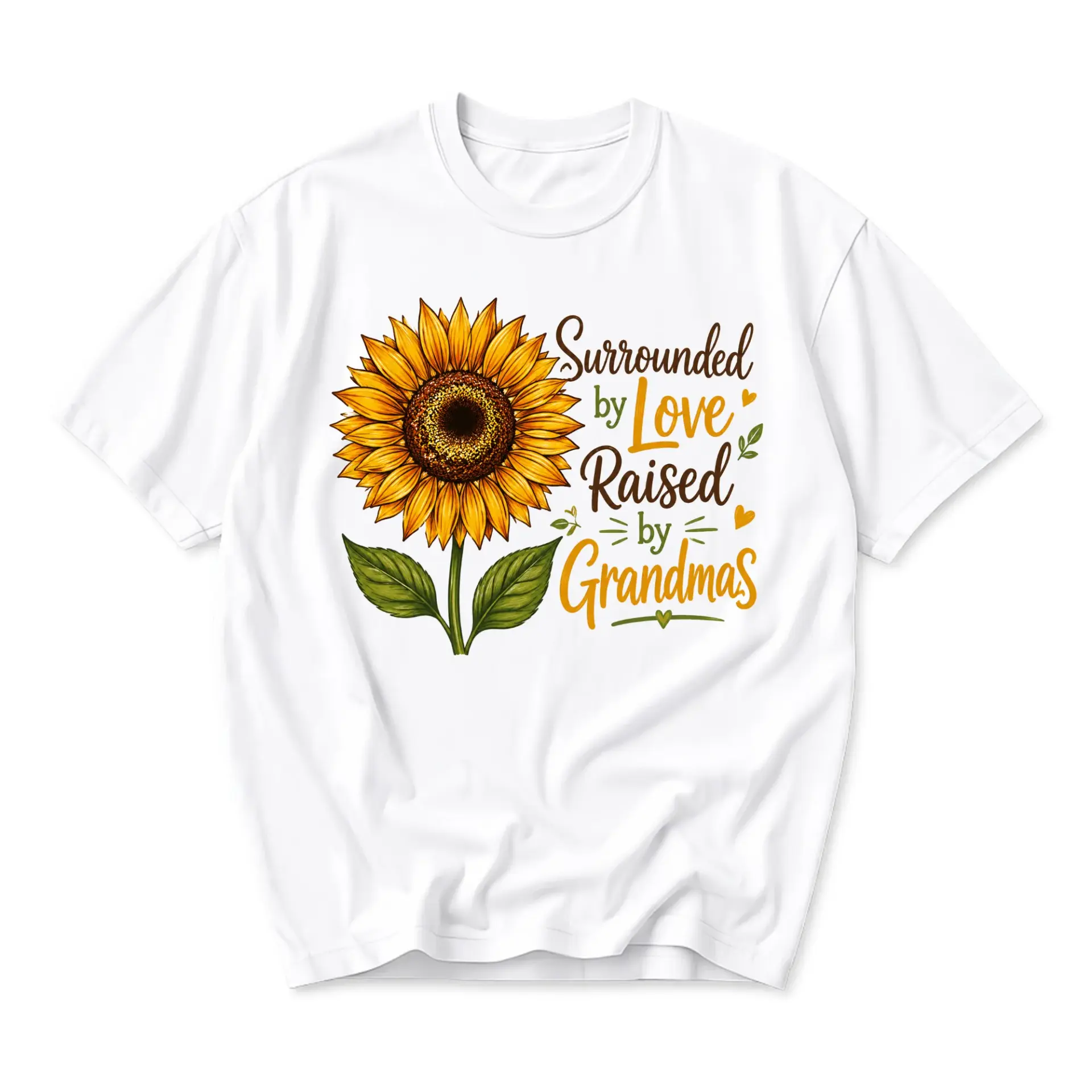 Graphic Tee Surrounded by Love Raised by Grandmas Sunflower Design Unisex Casual Crew Neck Comfortable Cotton Shirt