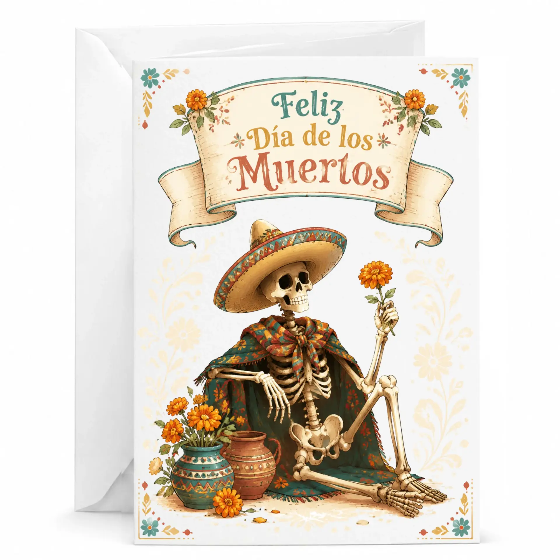 Greeting Card Muertos Skeleton Art Illustration with Traditional Floral Decor for Festive