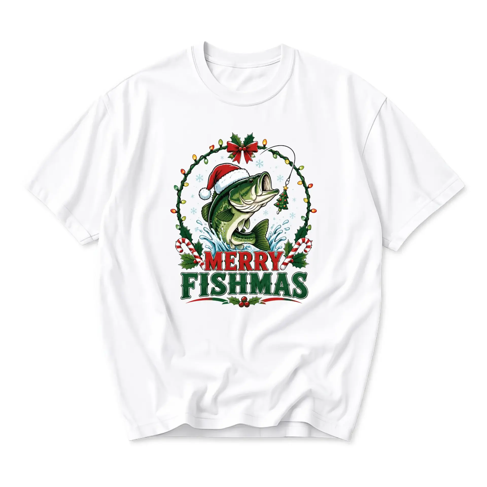 Funny Shirt Merry Fishmas Holiday Graphic Tee Unisex Short Sleeve Crew Neck Cotton Casual Fishing Christmas Apparel
