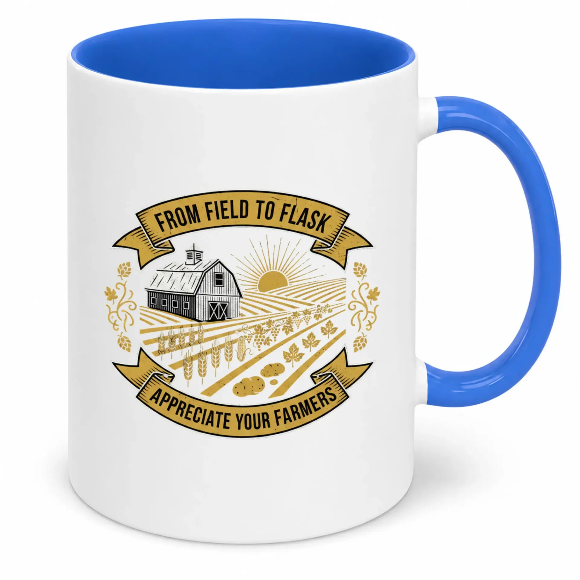 Funny Farmer Appreciation Ceramic Coffee Mug from Field to Flask Agriculture Theme Drinkware with Barn & Crops Design Sturdy 11oz or 15oz Beverage Cup