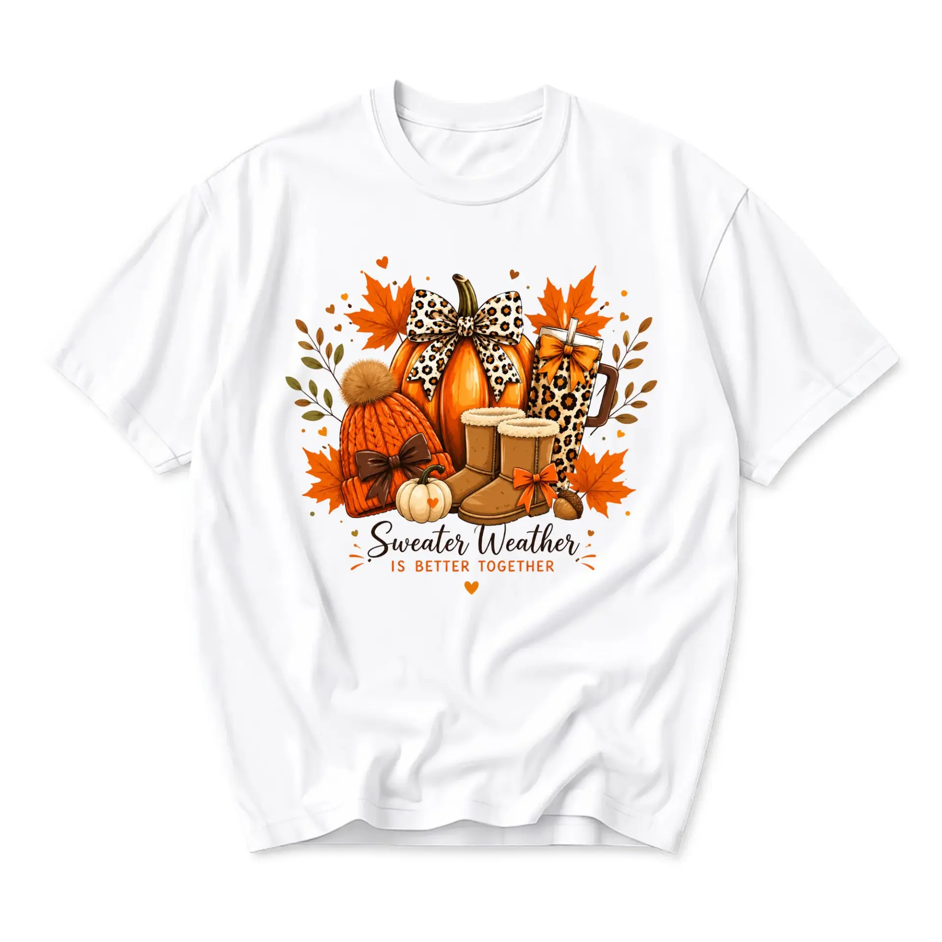 Graphic Tee Sweater Weather Is Better Together Autumn Pumpkin Leopard Print Unisex Casual Crew Neck Soft Cotton Shirt