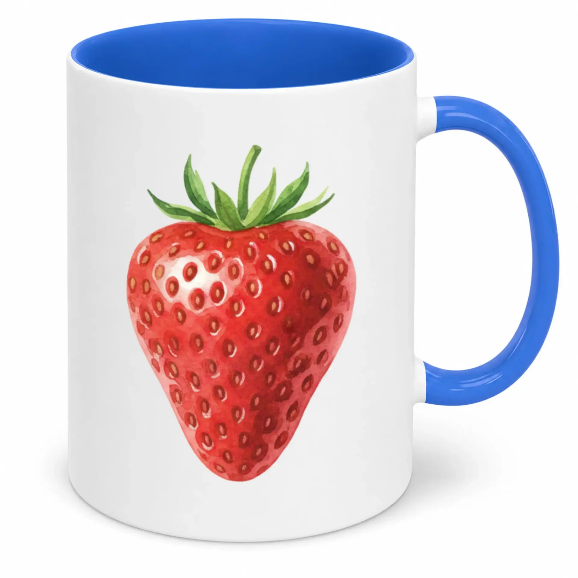Strawberry Watercolor Ceramic Coffee Mug with Blue Handle and Interior, Fresh Fruit Design Drinkware for Home and Office Kitchen
