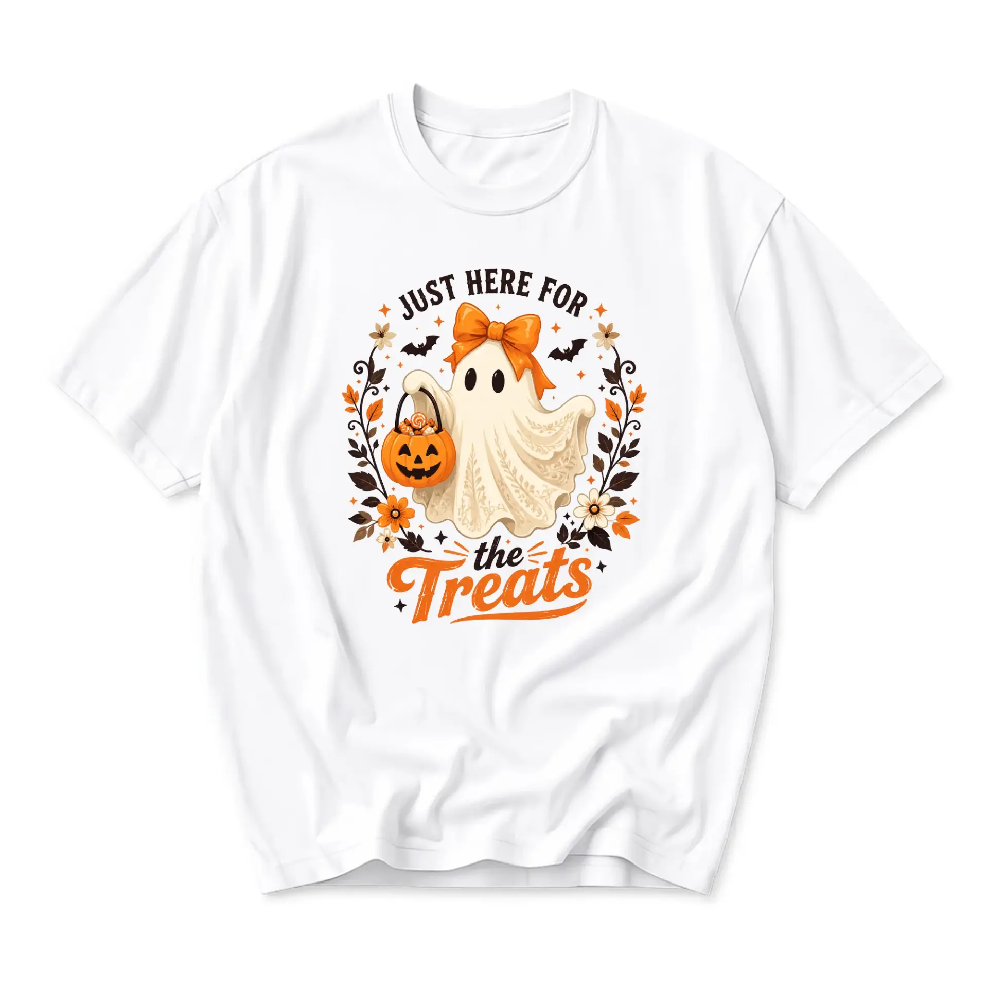 Graphic Tee Just Here for the Treats Cute Ghost Pumpkin Halloween Unisex Cotton Casual Short Sleeve Crew Neck Shirt