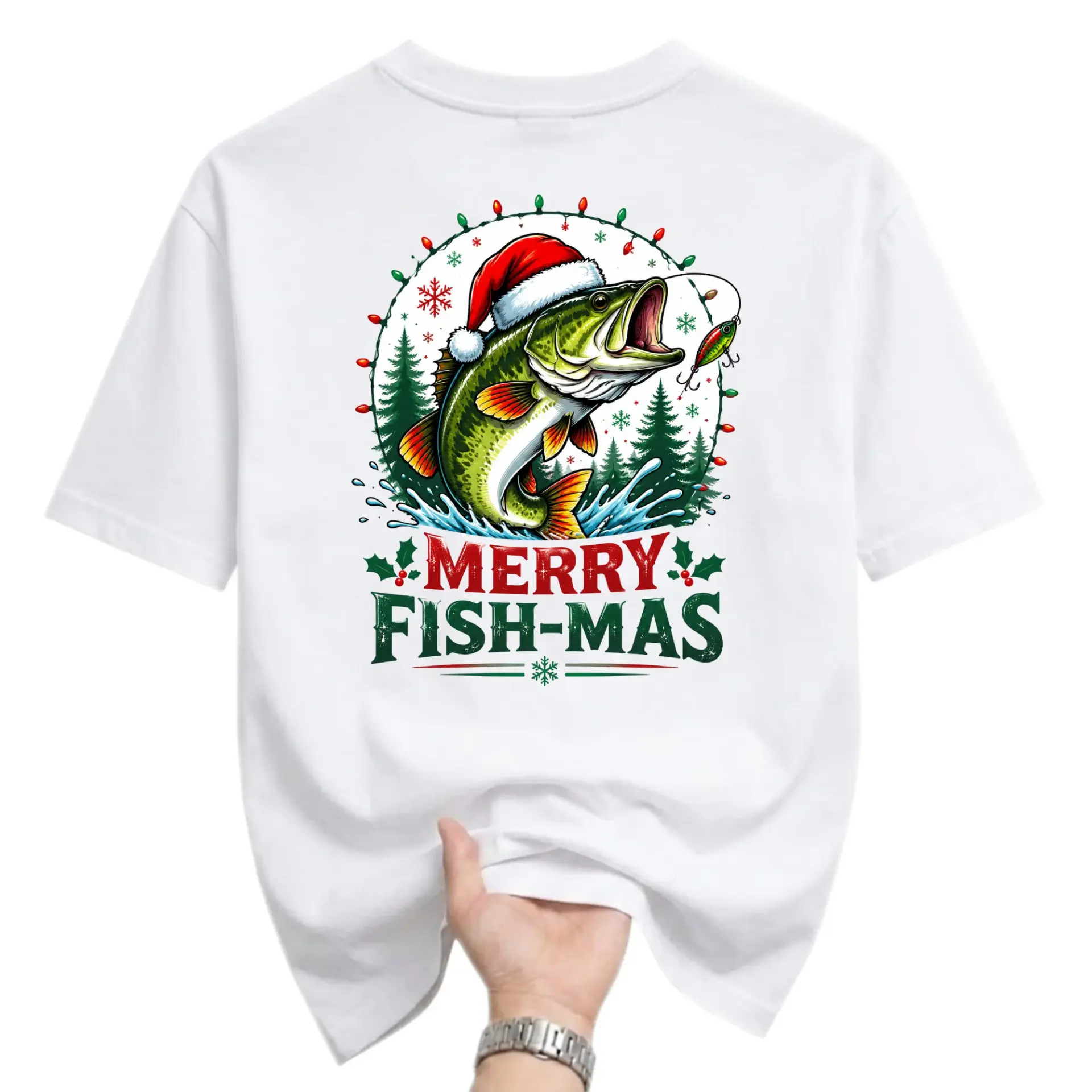 Funny Shirt Merry Fish-Mas Christmas Fishing Graphic Tee Unisex Short Sleeve Crew Neck Casual Cotton Blend Top
