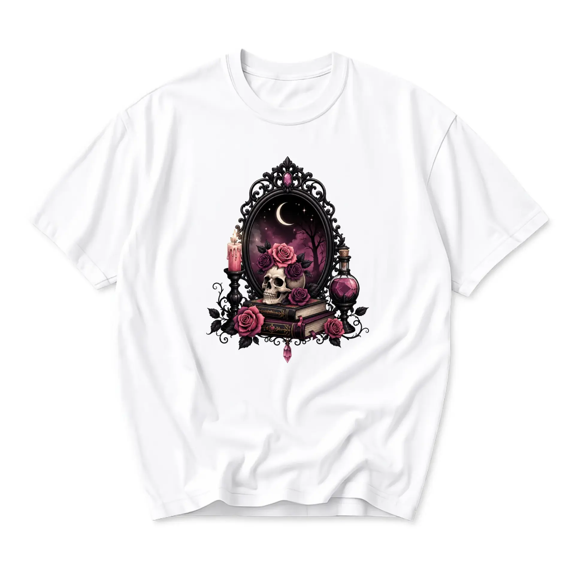 Graphic Tee Gothic Skull and Rose Mirror Design Unisex Crew Neck Short Sleeve Cotton Blend Casual Everyday Shirt
