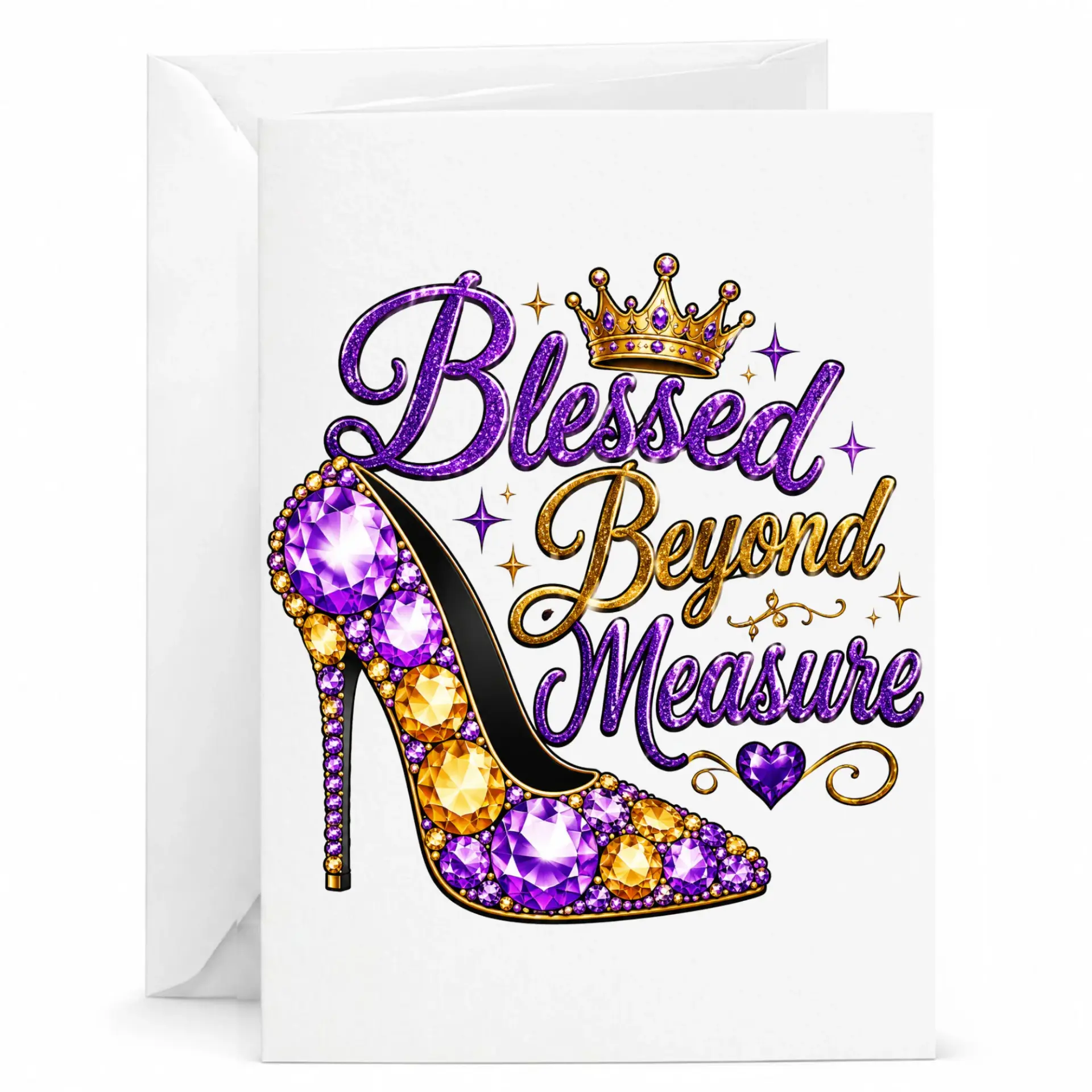 Blessed Beyond Measure Greeting Card with Matching Envelope, Elegant Jeweled High Heel Shoe and Golden Crown Illustration