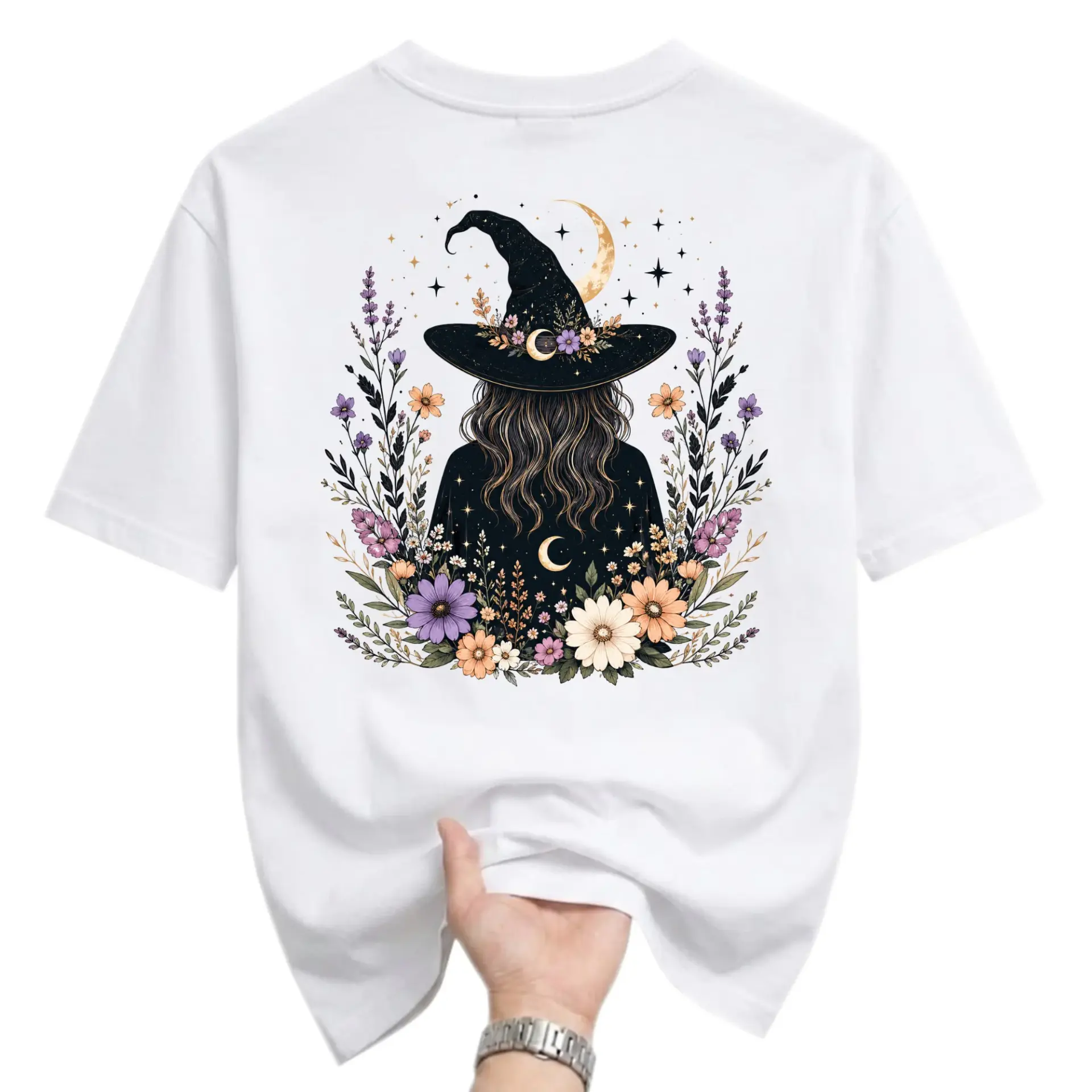 Graphic Tee Witch Hat Floral Moon Illustration Unisex Cotton Blend Short Sleeve Casual Crew Neck Everyday Top White