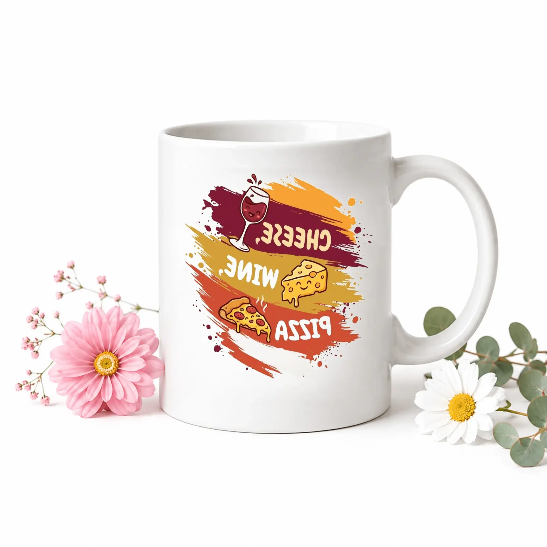 Funny Food Themed Ceramic Coffee Mug Featuring Cheese Wine and Pizza Illustrations for Kitchen Office Drinkware