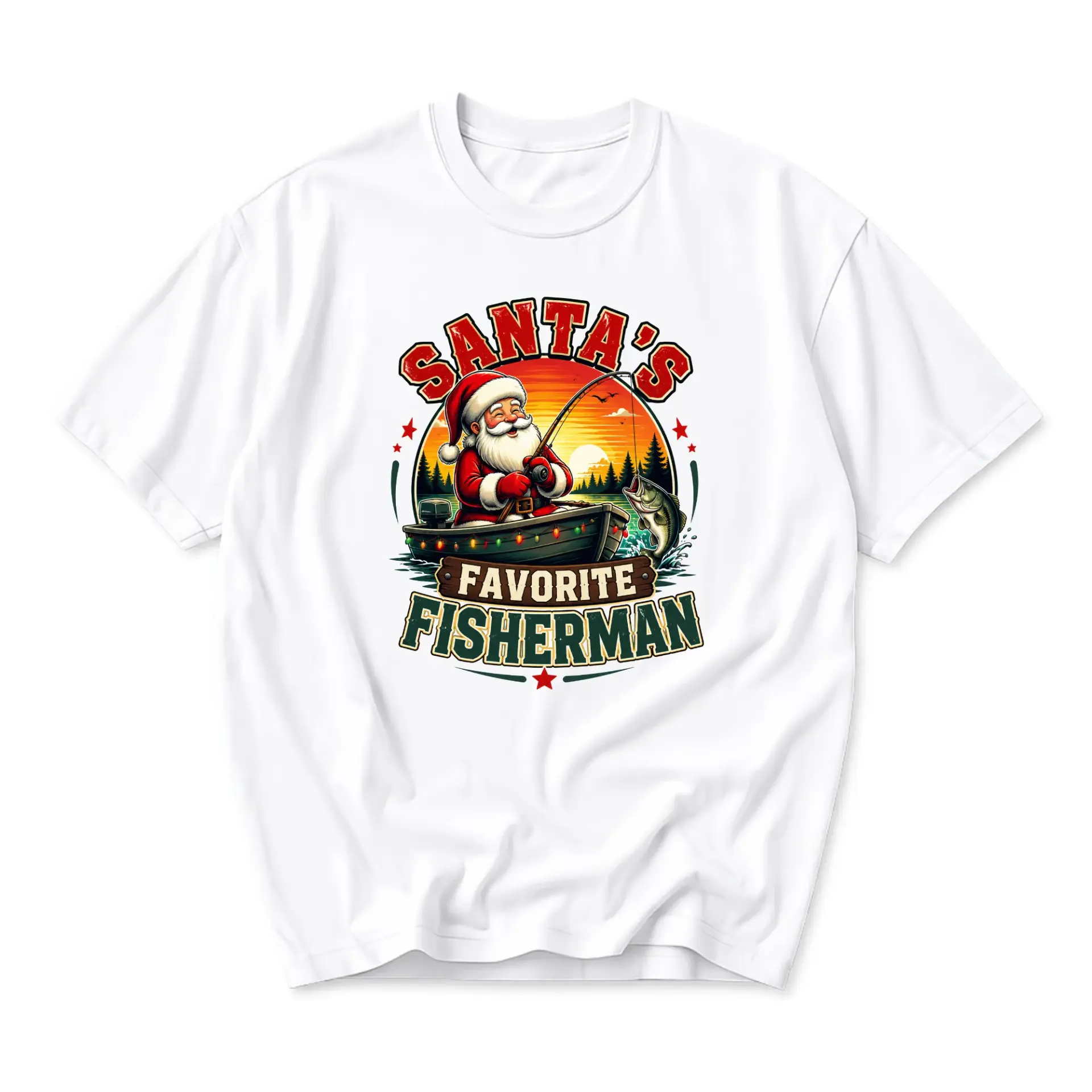 Funny Shirt Santa's Favorite Fisherman Graphic Tee Holiday Fishing Themed Unisex Crew Neck Casual Cotton T-Shirt