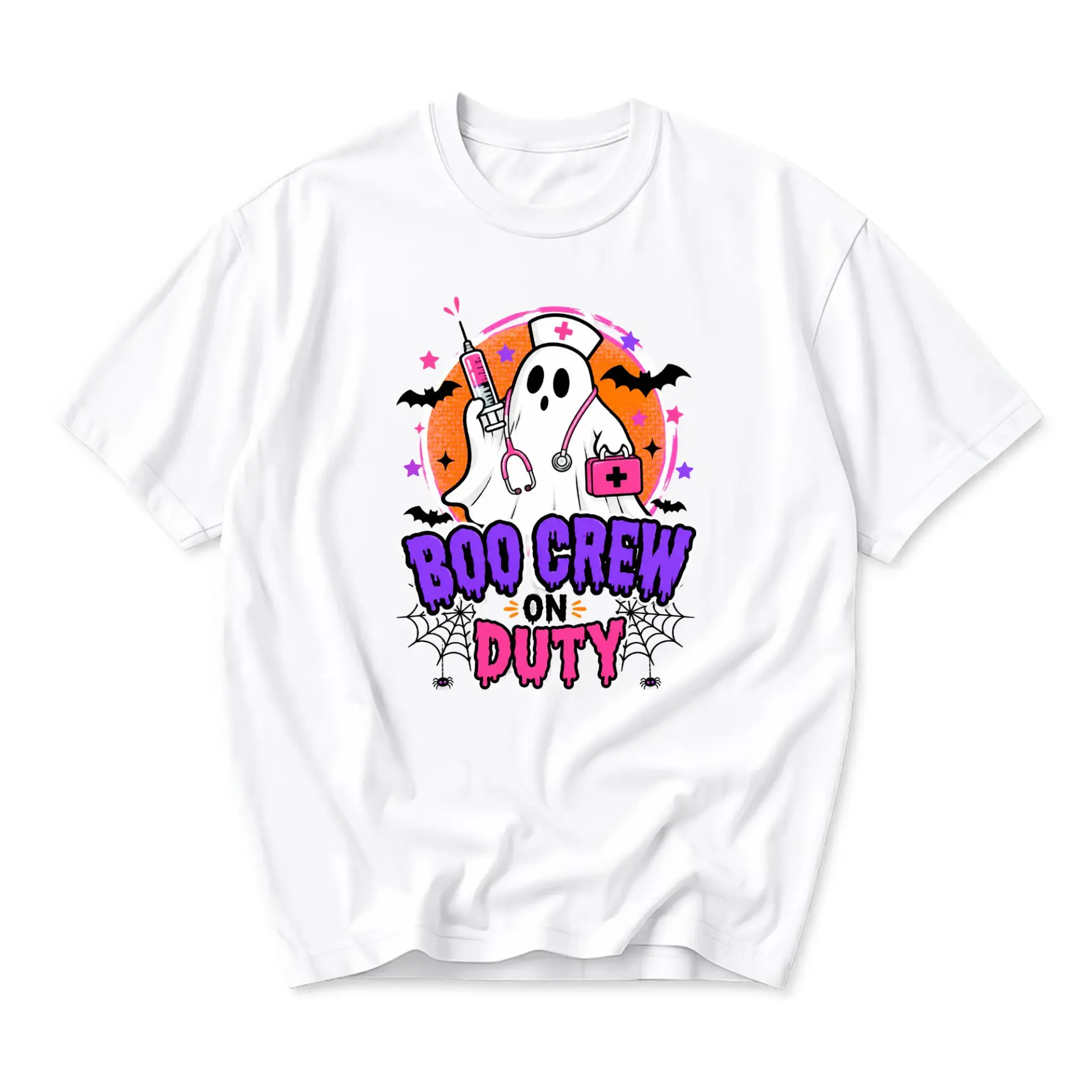 Graphic Tee Boo Crew on Duty Halloween Nurse Ghost Shirt Funny Medical Professional Unisex Crew Neck Casual Top