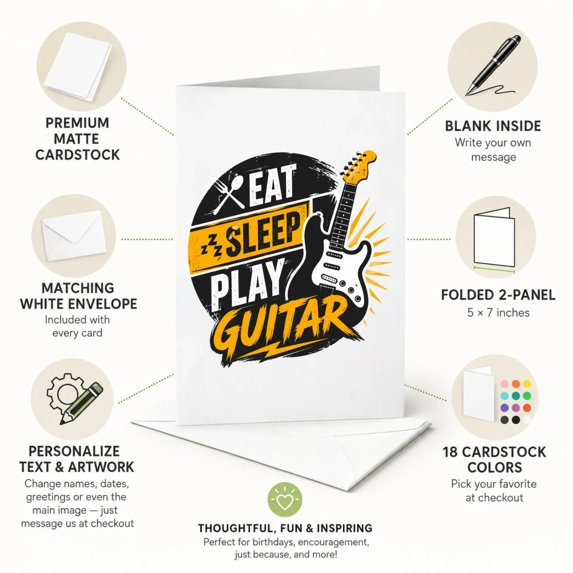 Funny Guitarist Greeting Card Eat Sleep Play Guitar Music Lover Present 5x7 Folded Stationery with White Envelope