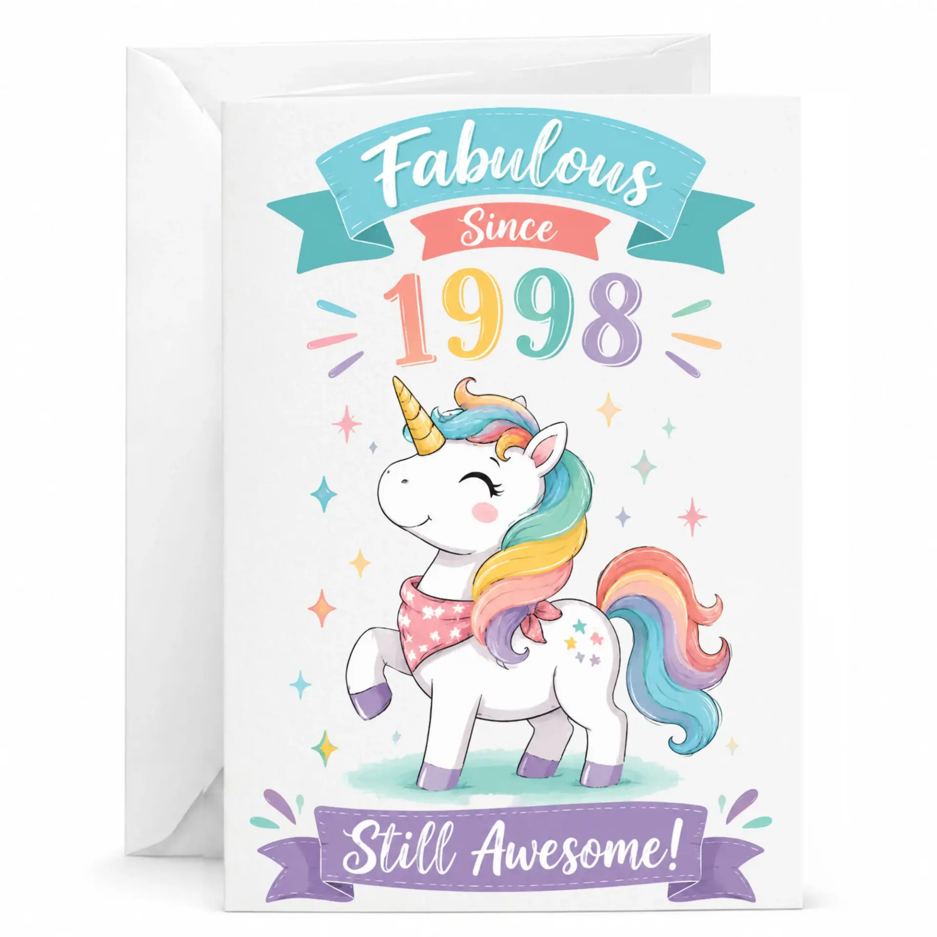Birthday Card Fabulous Since 1998 Funny Unicorn Themed Greeting Card for Milestone Celebration with Matching White Envelope