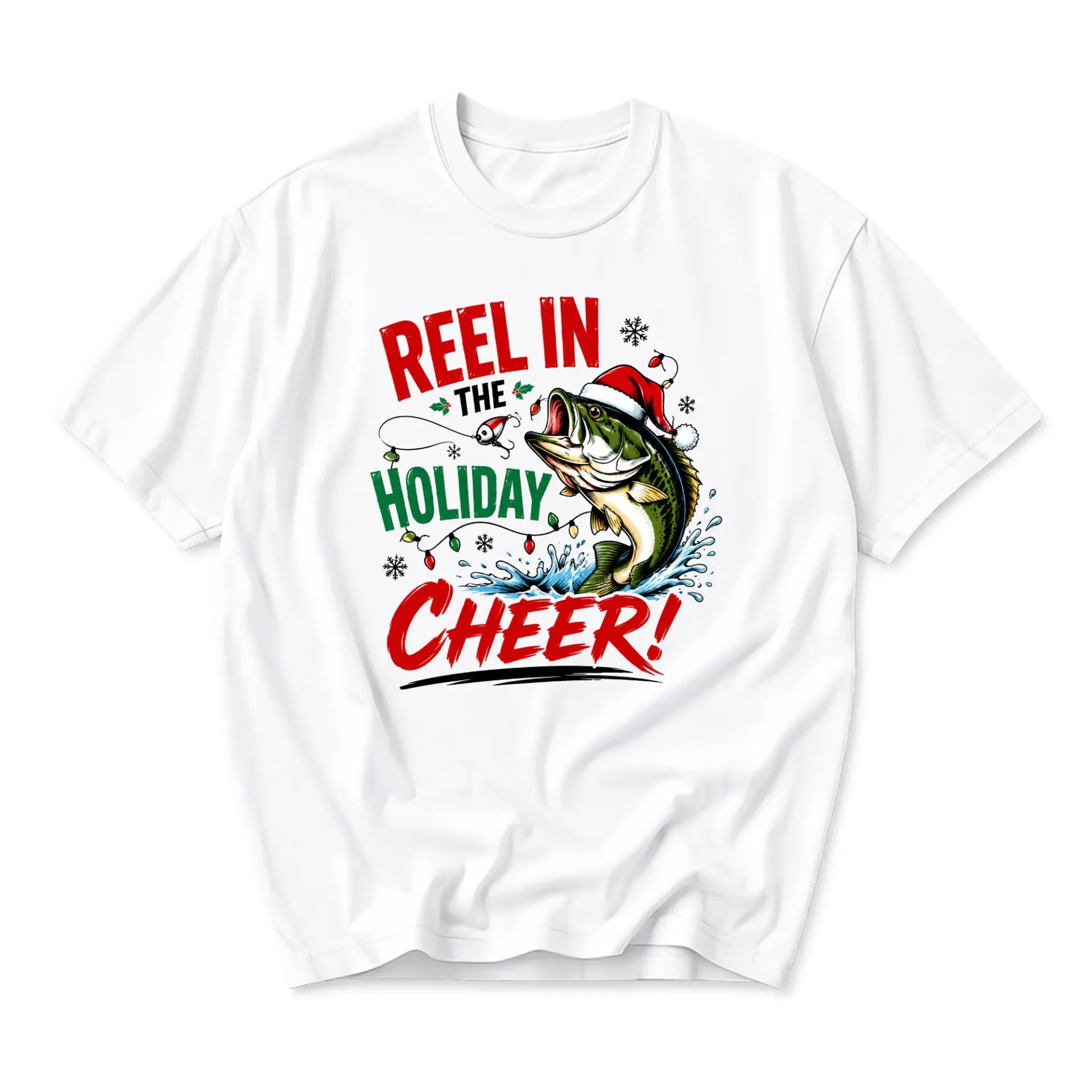 Funny Shirt Reel in the Holiday Cheer Fishing Graphic Tee Seasonal Unisex Crew Neck Short Sleeve Casual Apparel