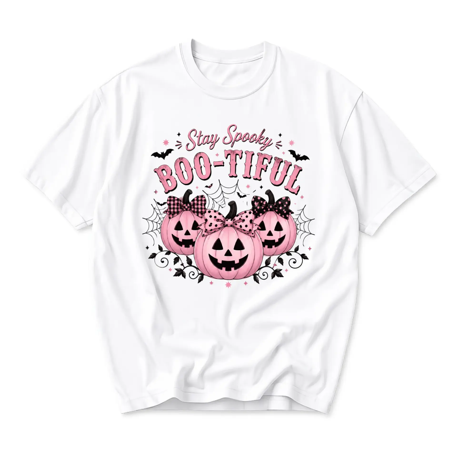 Graphic Tee Stay Spooky Boo-Tiful Pink Pumpkin Halloween Unisex Shirt Casual Crew Neck Apparel for Autumn Holidays