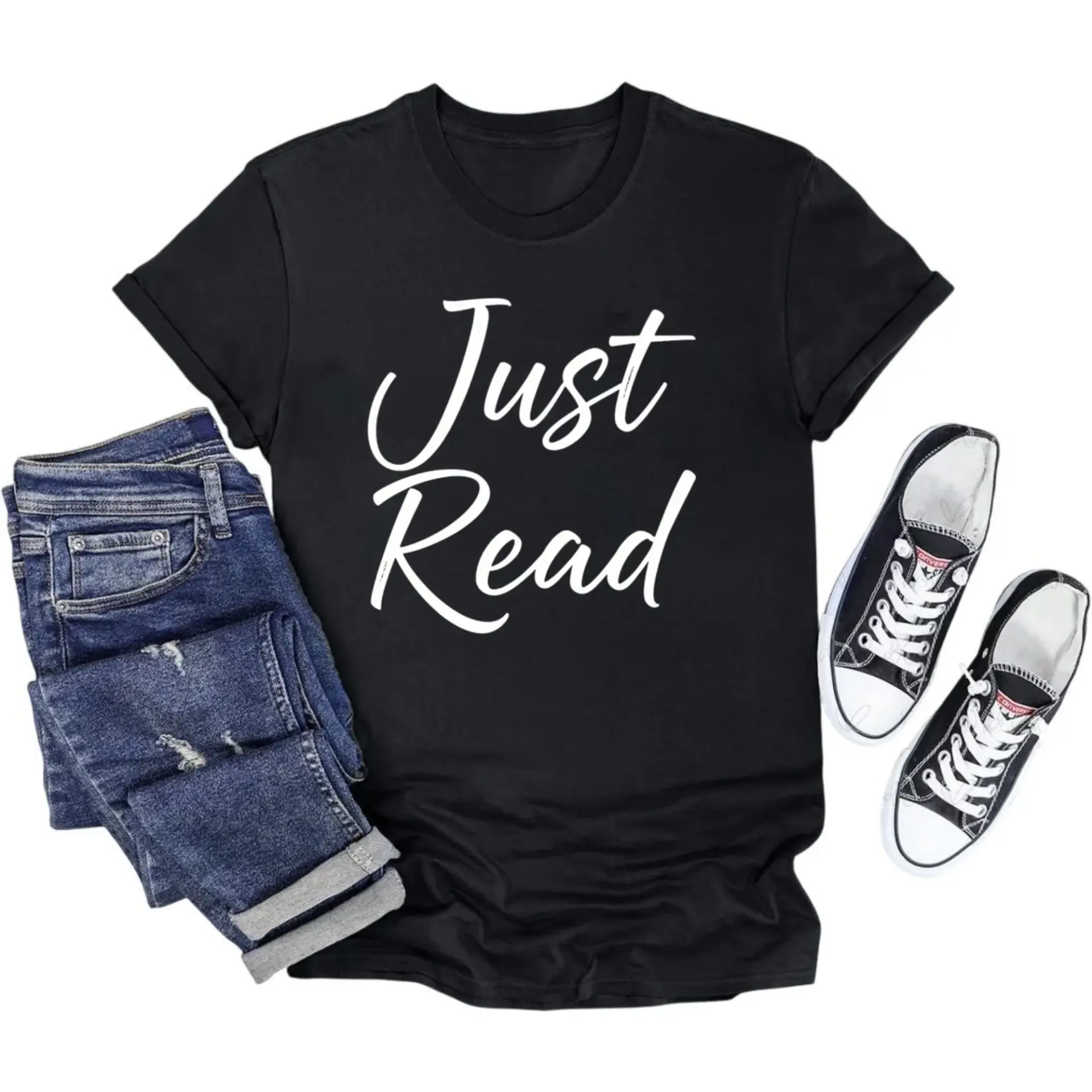 Graphic Tee Just Read Unisex Short Sleeve Crew Neck Casual Shirt Comfortable Soft Cotton Blend Apparel for Everyday Wear
