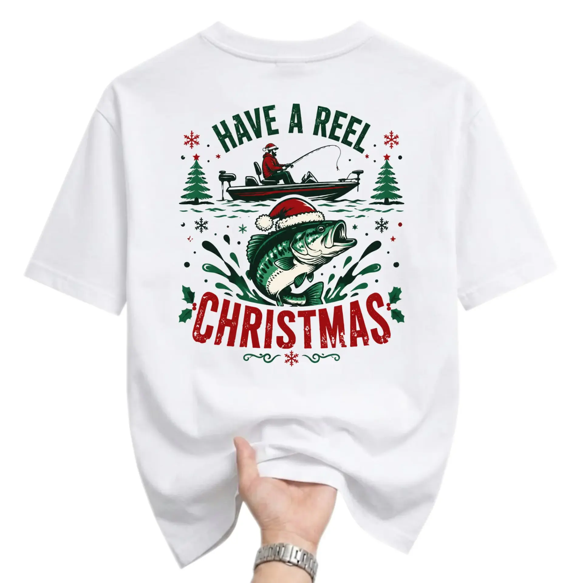 Funny Shirt Have a Reel Christmas Fishing Graphic Tee Unisex Short Sleeve Cotton Crew Neck Holiday Apparel White Top