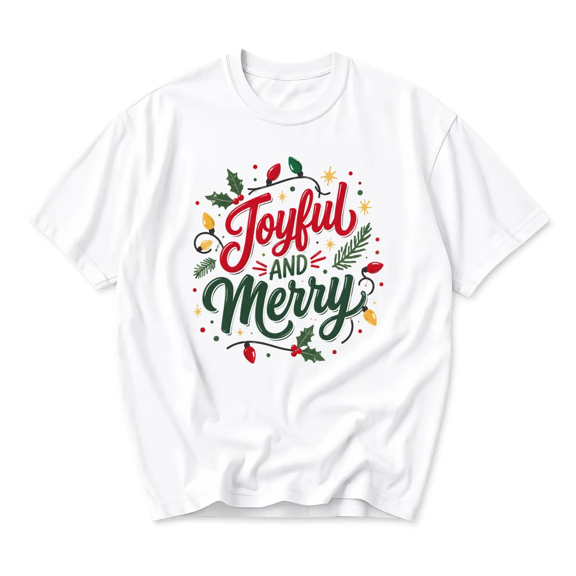 T-shirt Joyful and Merry Holiday Graphic Tee Seasonal Winter Aesthetic Cotton Blend Casual Unisex Crew Neck Top White