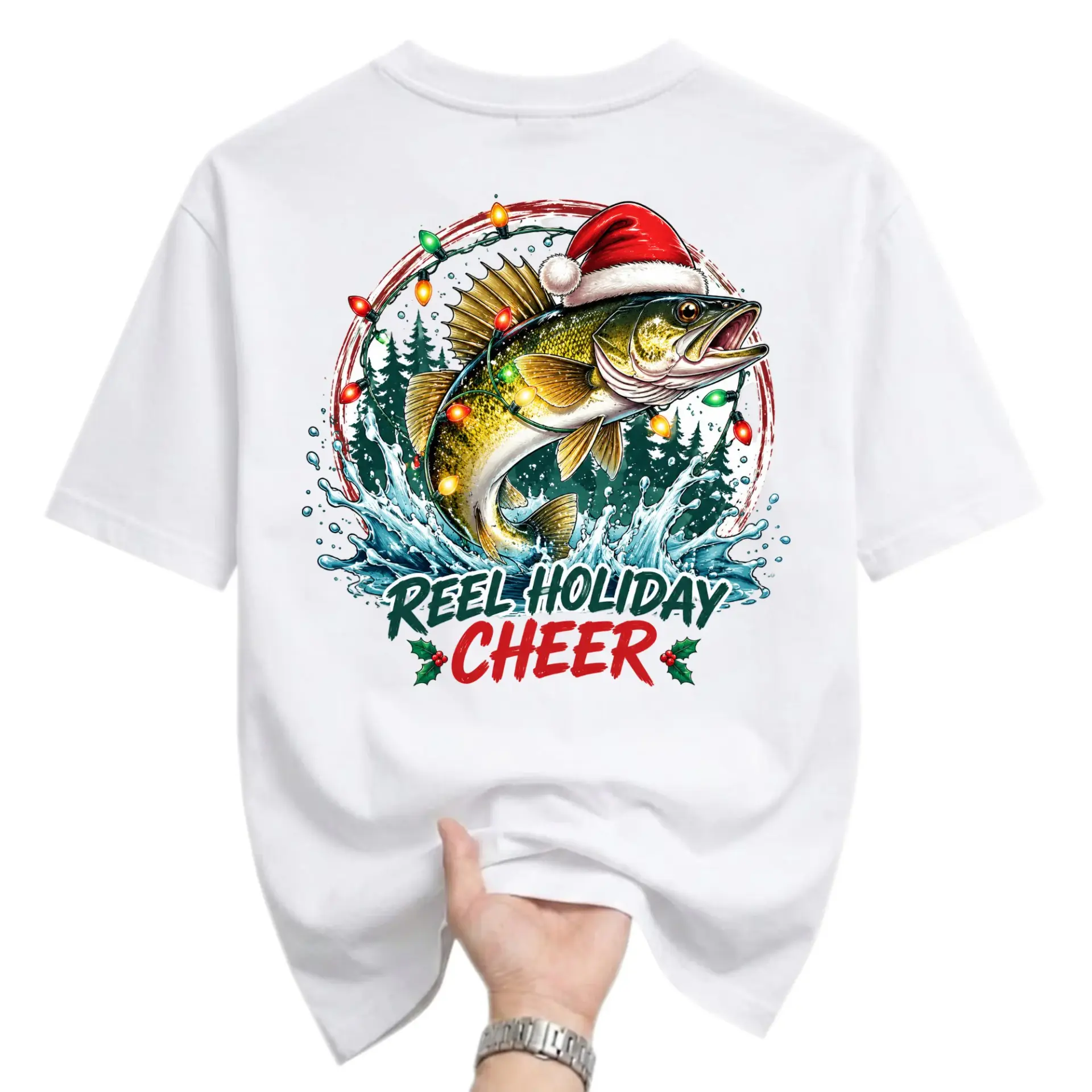 Graphic Tee Reel Holiday Cheer Fishing Christmas Shirt Unisex Casual Crew Neck Comfortable Cotton Blend Apparel
