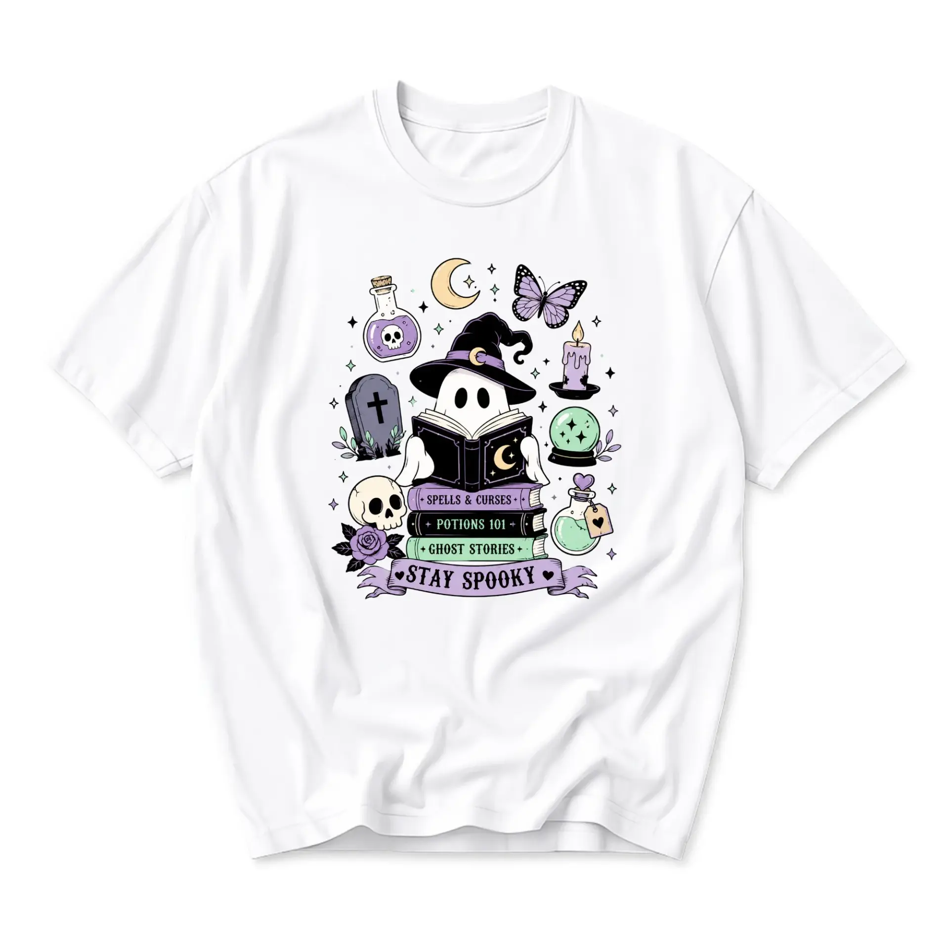 Graphic Tee Stay Spooky Ghost Reading Book Design Unisex Crew Neck Short Sleeve Casual Cotton Blend Apparel
