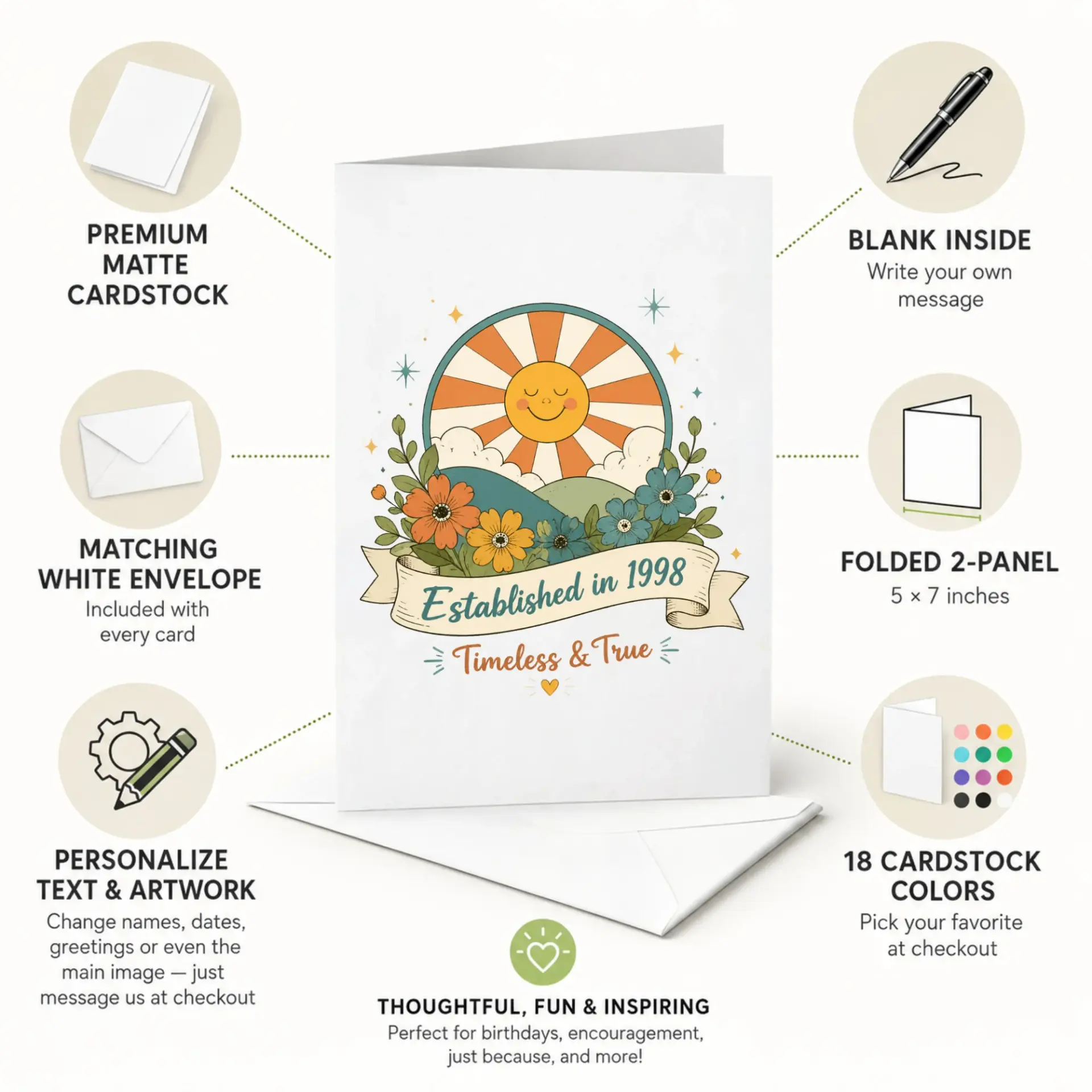 Greeting Card Established in 1998 Timeless and True Vintage Style Sun and Flowers Design Birthday Anniversary Stationary