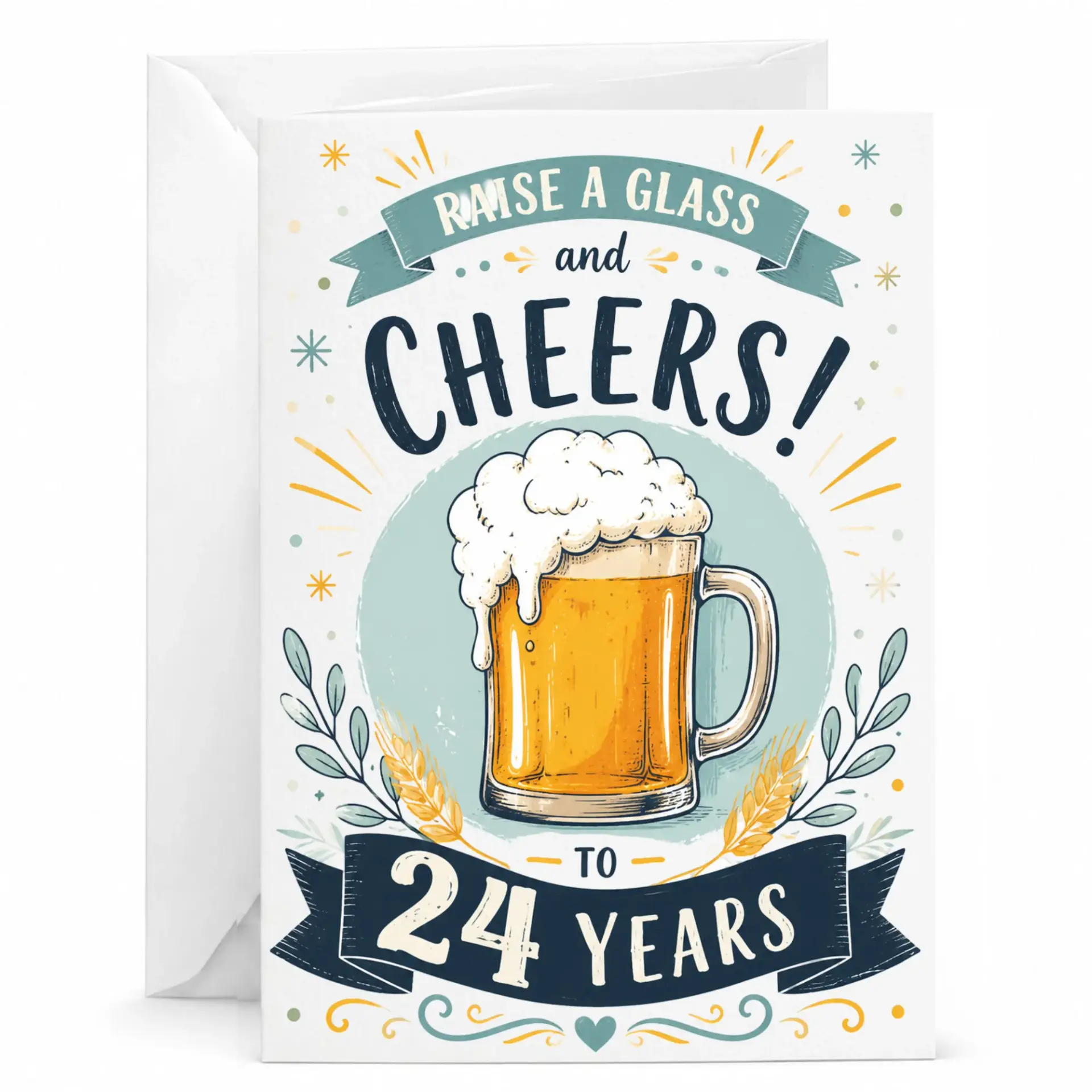 Birthday Card Raise a Glass and Cheers to 24 Years Funny Beer Themed Greeting Card for Twenty Fourth Milestone Birthday