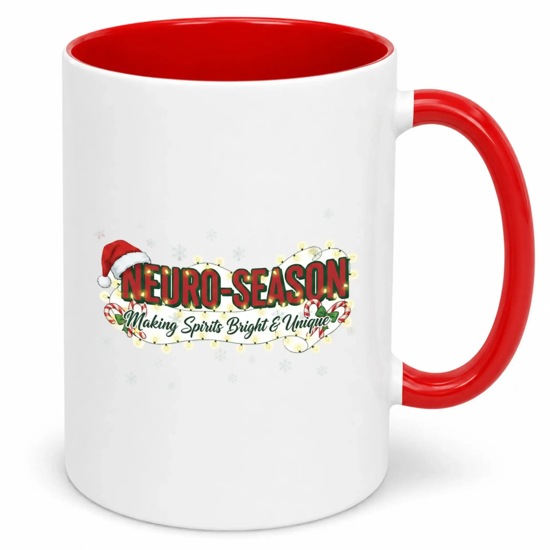 Neuro-season Christmas Coffee Mug Unique Holiday Ceramic Drinkware Festive Santa Hat Lights & Candy Cane Design White & Red Handle