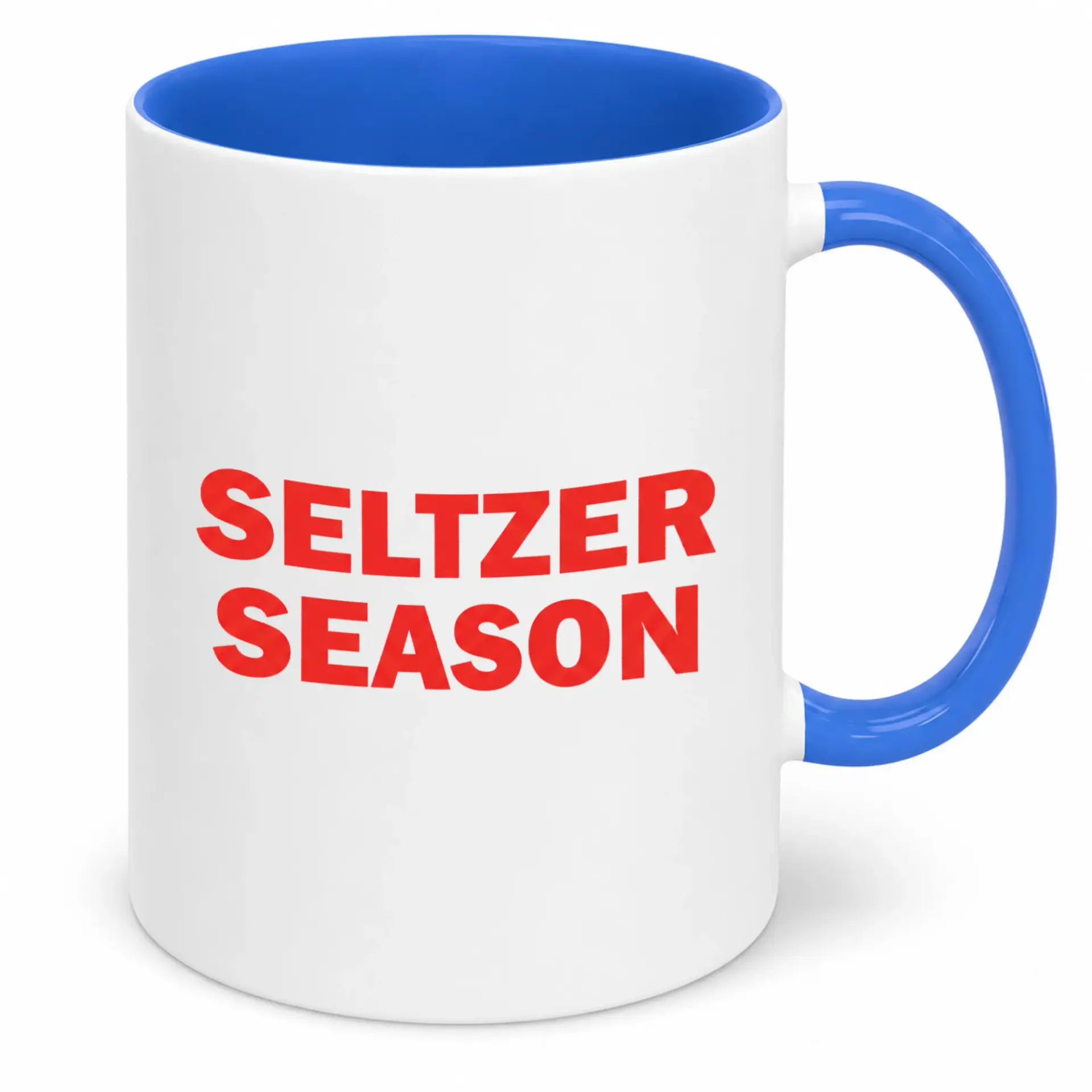 Funny Seltzer Season Ceramic Coffee Mug with Blue Handle and Interior, White 11oz or 15oz Beverage Cup for Home Office Kitchen