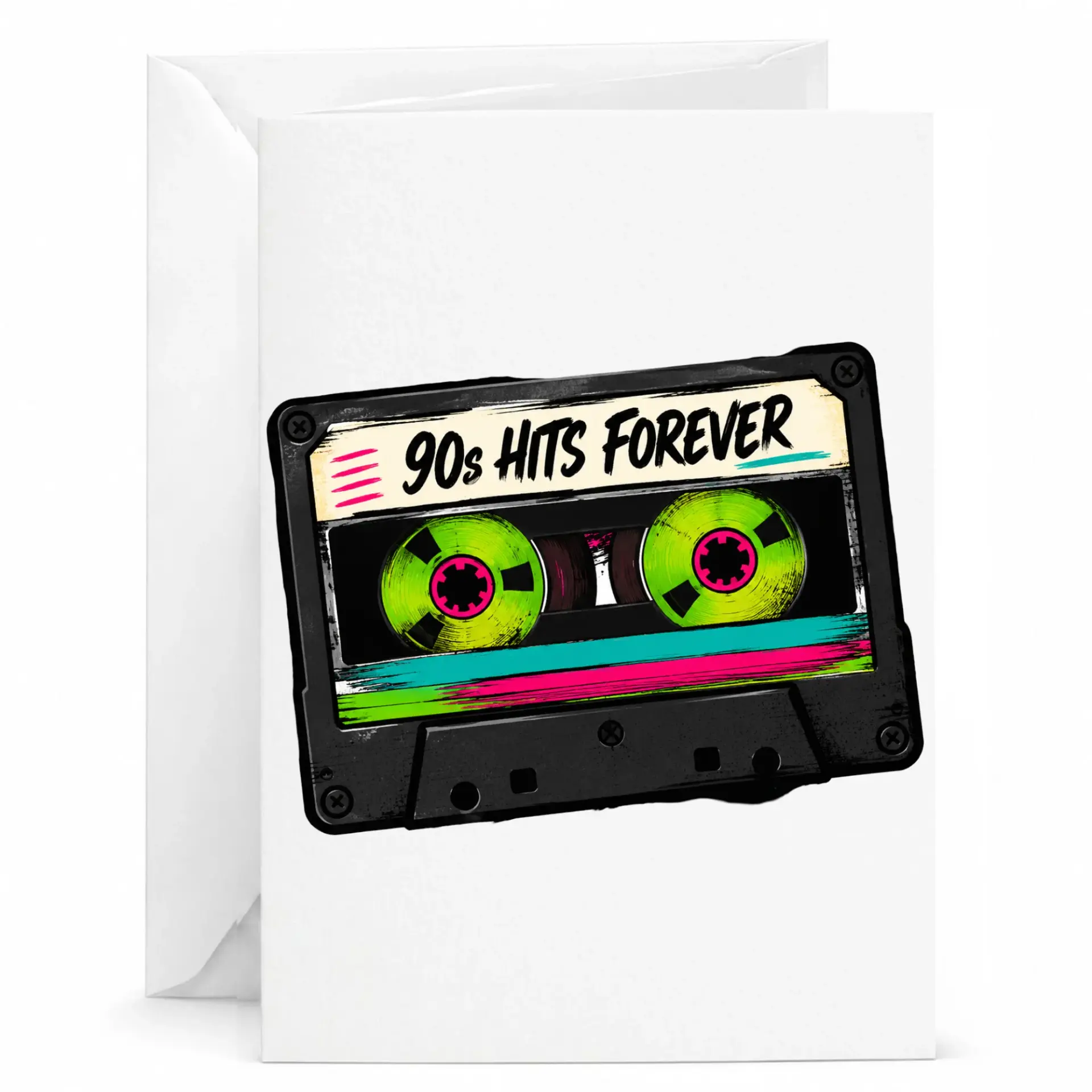 Funny 90s Hits Forever Cassette Tape Greeting Card Retro Nostalgic Musical Design Printed Note with Envelope
