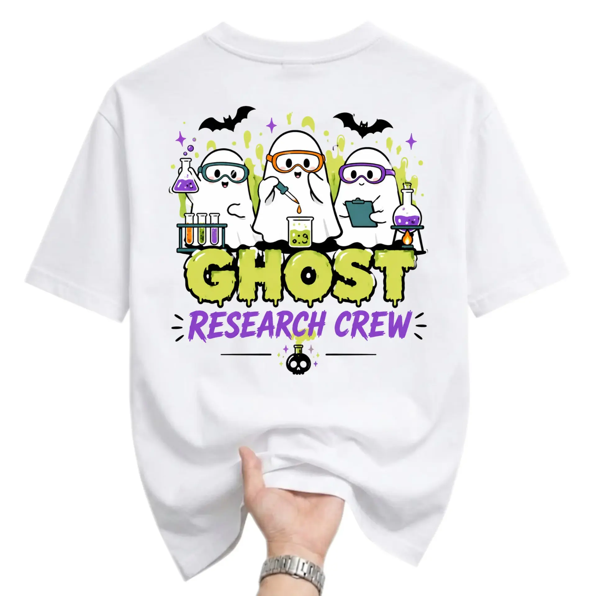 Graphic Tee Ghost Research Crew Shirt Cute Spooky Science Apparel for Unisex Casual Wear and Everyday Style Enthusiasts