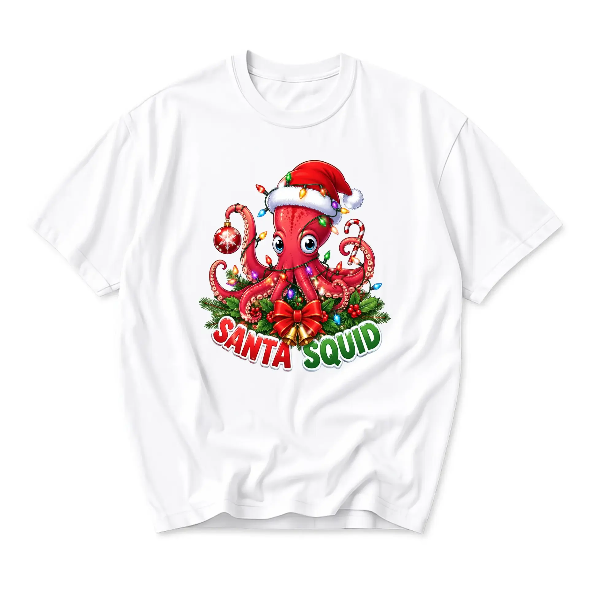 Funny Shirt Santa Squid Graphic Tee Holiday Sea Animal Print Unisex Casual Short Sleeve Cotton Crew Neck Top