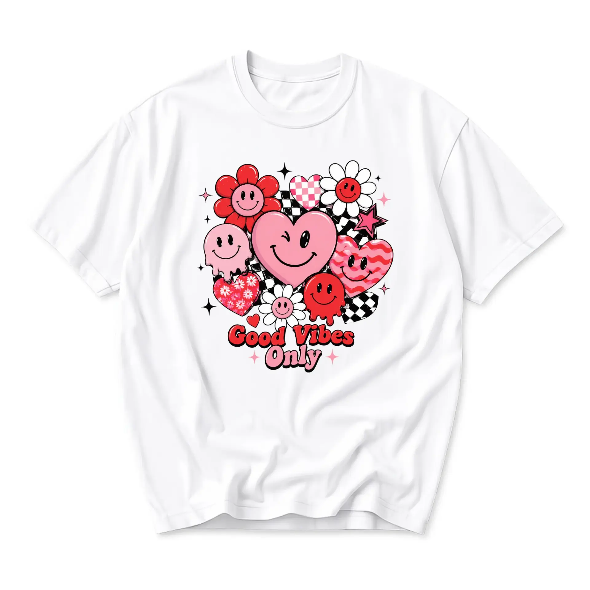 Graphic Tee Good Vibes Only Smiley Face Heart Flowers Print Unisex Casual Crew Neck Soft Cotton Short Sleeve Shirt