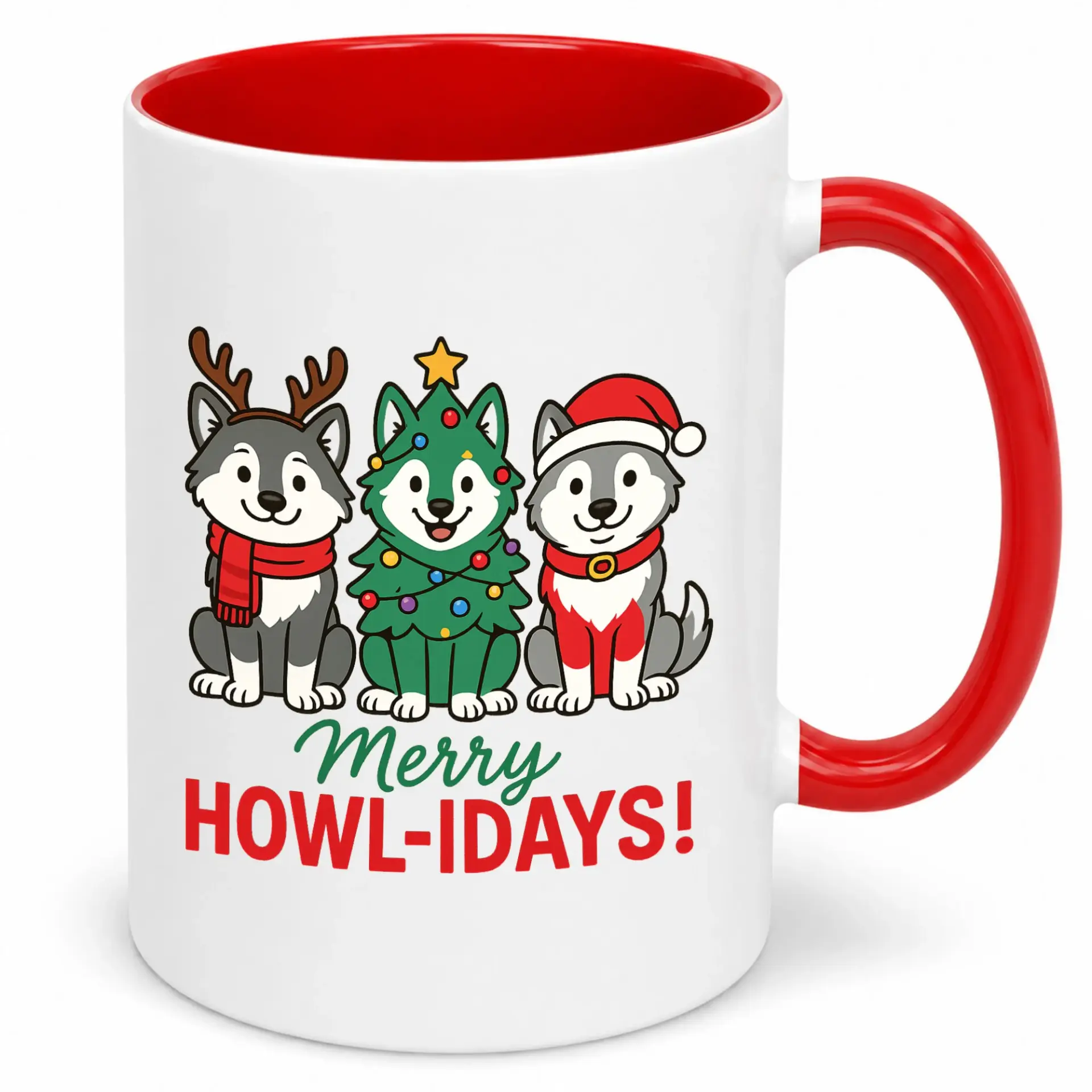 Funny Christmas Dog Howl-Idays Ceramic Coffee Mug, Festive Wolf Husky Theme 11 Oz or 15 Oz White Mug with Red Handle and Interior for Holiday Gifting