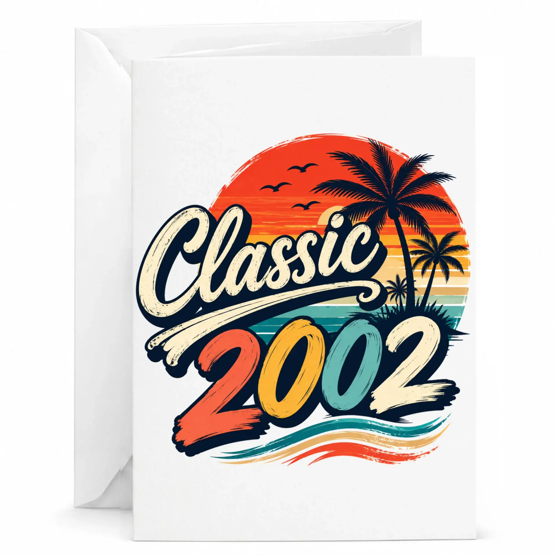 Birthday Card Classic 2002 Vintage Sunset Palm Tree Greeting Card for Milestone Celebration and Anniversary Gift