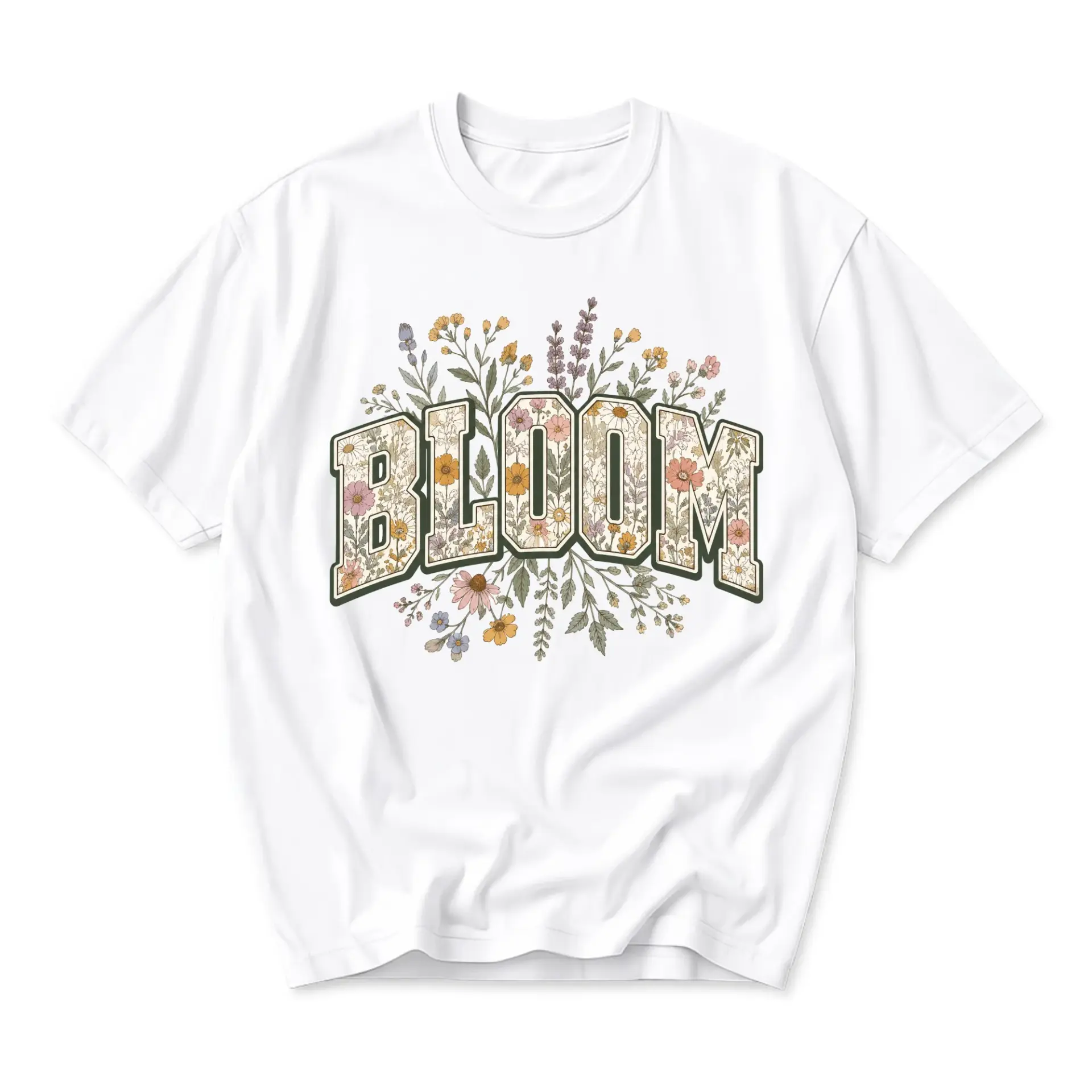 Graphic Tee Bloom Floral Lettering Print Unisex Cotton Crew Neck Casual