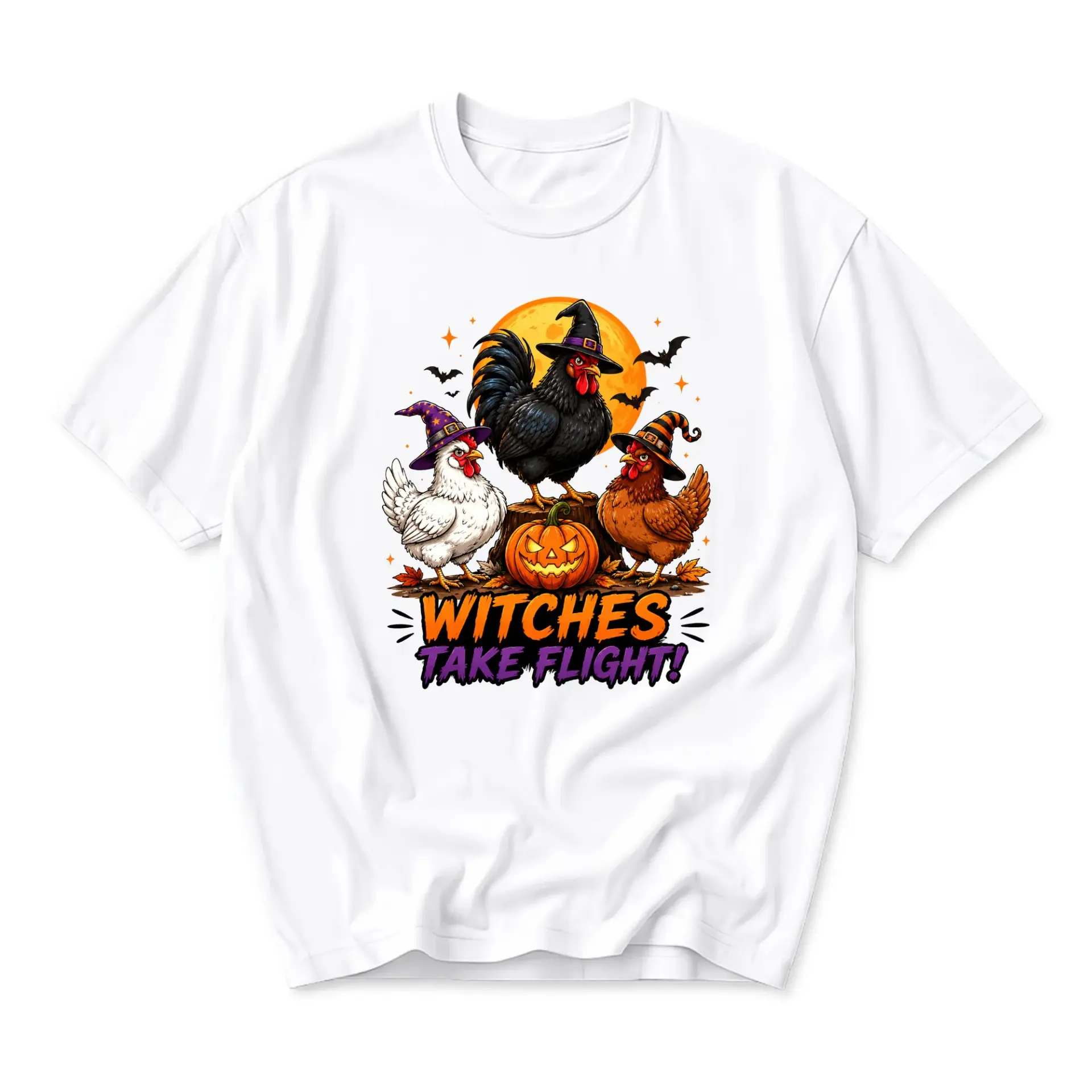 Funny Shirt Witches Take Flight Chicken Halloween Graphic Tee Unisex Crew Neck Casual Cotton Blend Soft Top Apparel