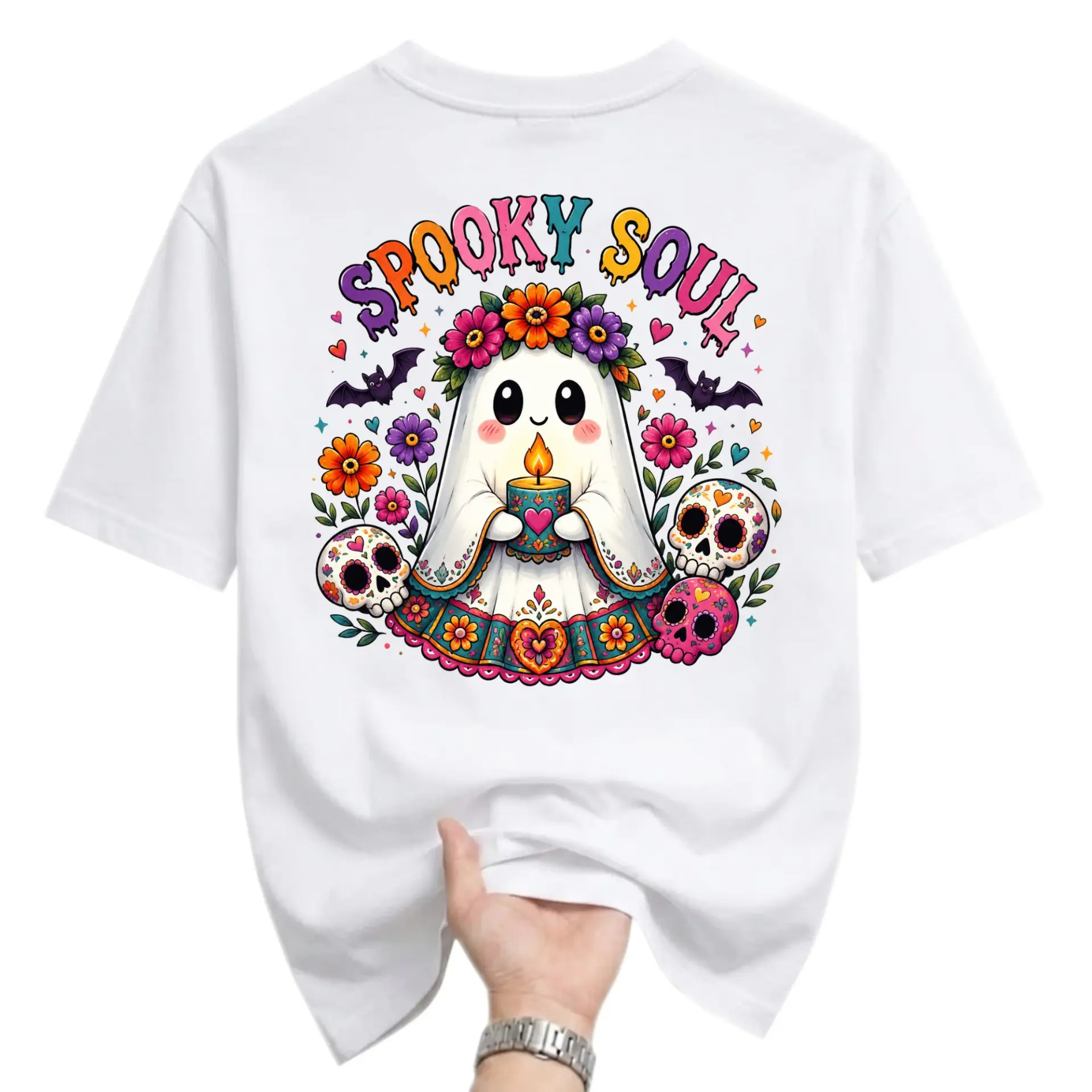Spooky Soul Graphic Tee Unisex Casual Crew Neck T-Shirt Featuring Colorful Floral Ghost Design for Everyday Wear