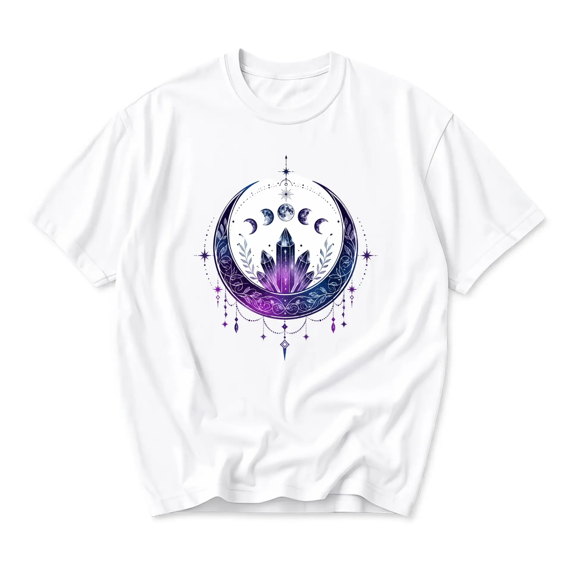 Graphic Tee Celestial Crystal Moon Phase Design Unisex Crew Neck Short Sleeve Shirt for Casual Everyday Style