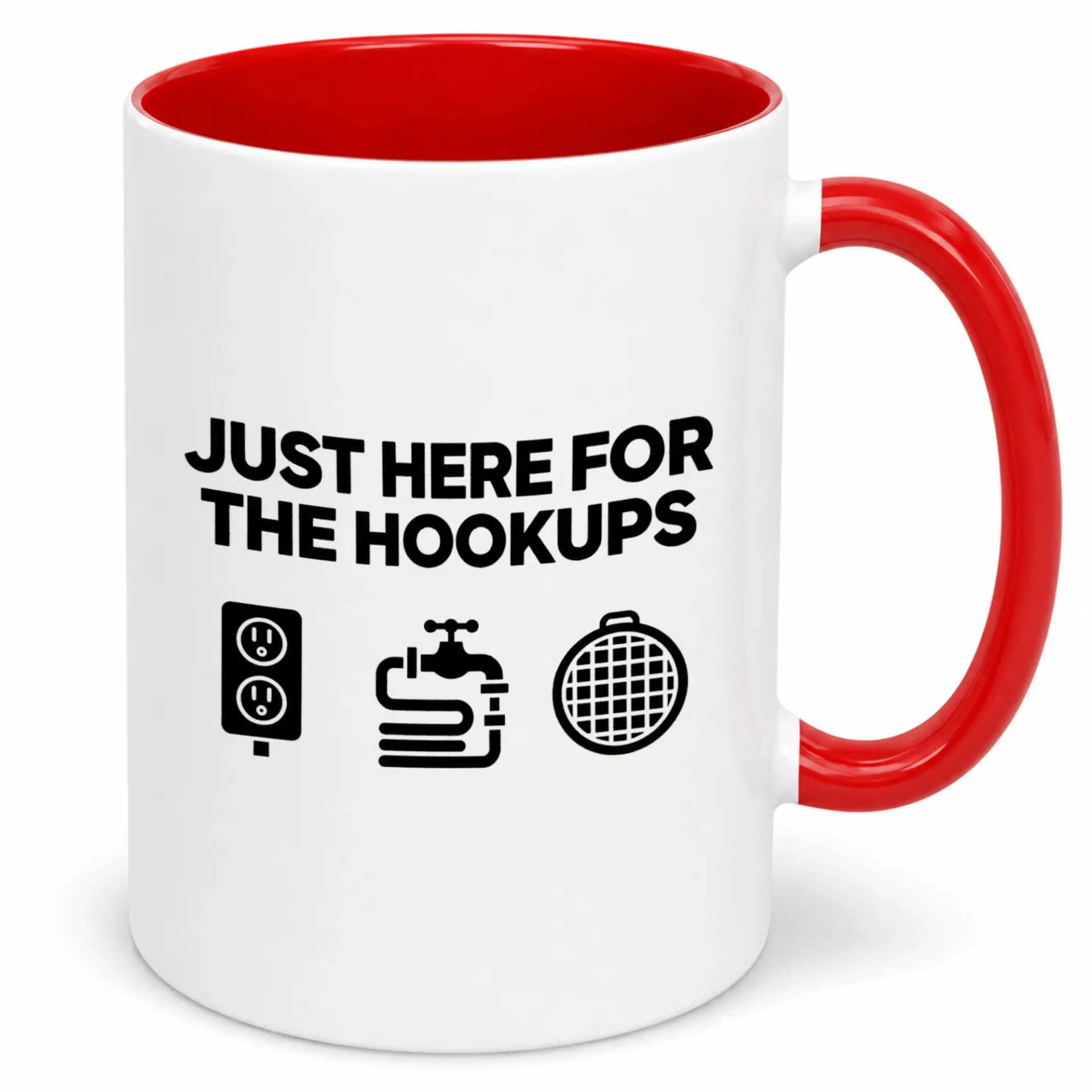 Funny Gag Gift Coffee Mug for Men Unique Ceramic Drinkware with Humorous "just Here the Hookups" Design and Icons 11oz or 15oz