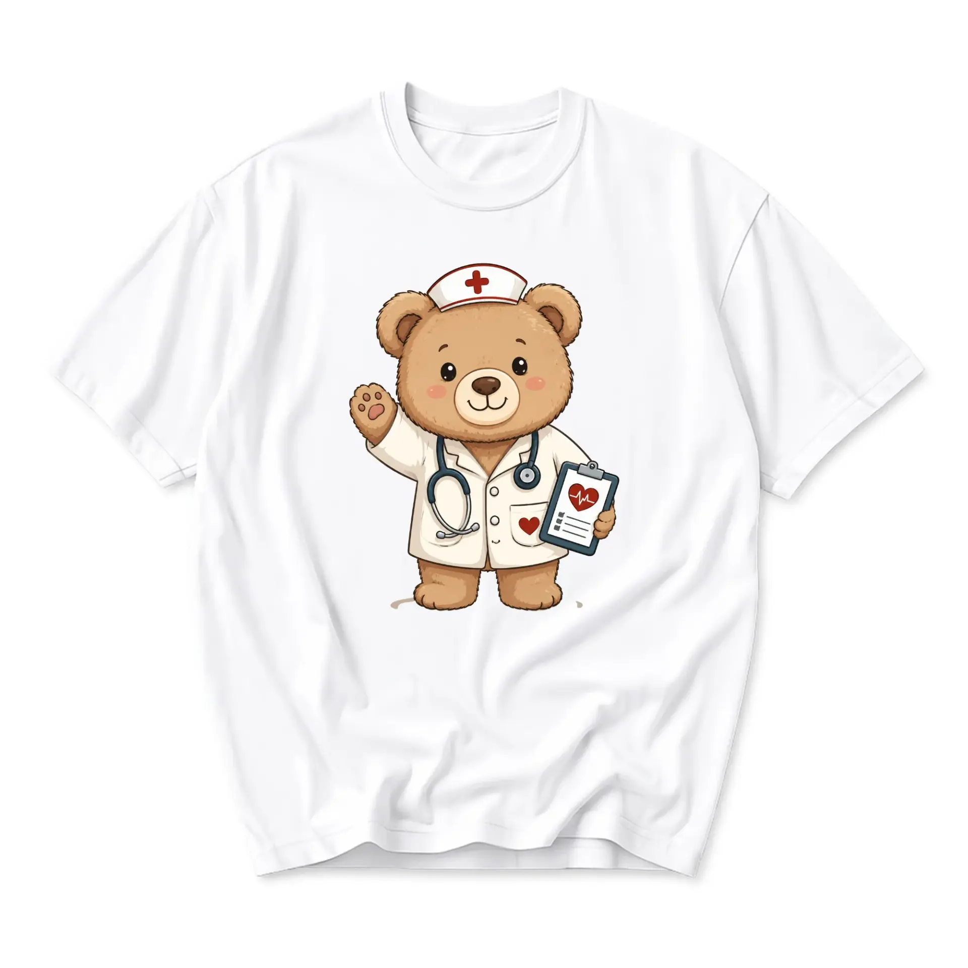 Graphic Tee Unisex Crew Neck T-Shirt Featuring a Cute Teddy Nurse Character